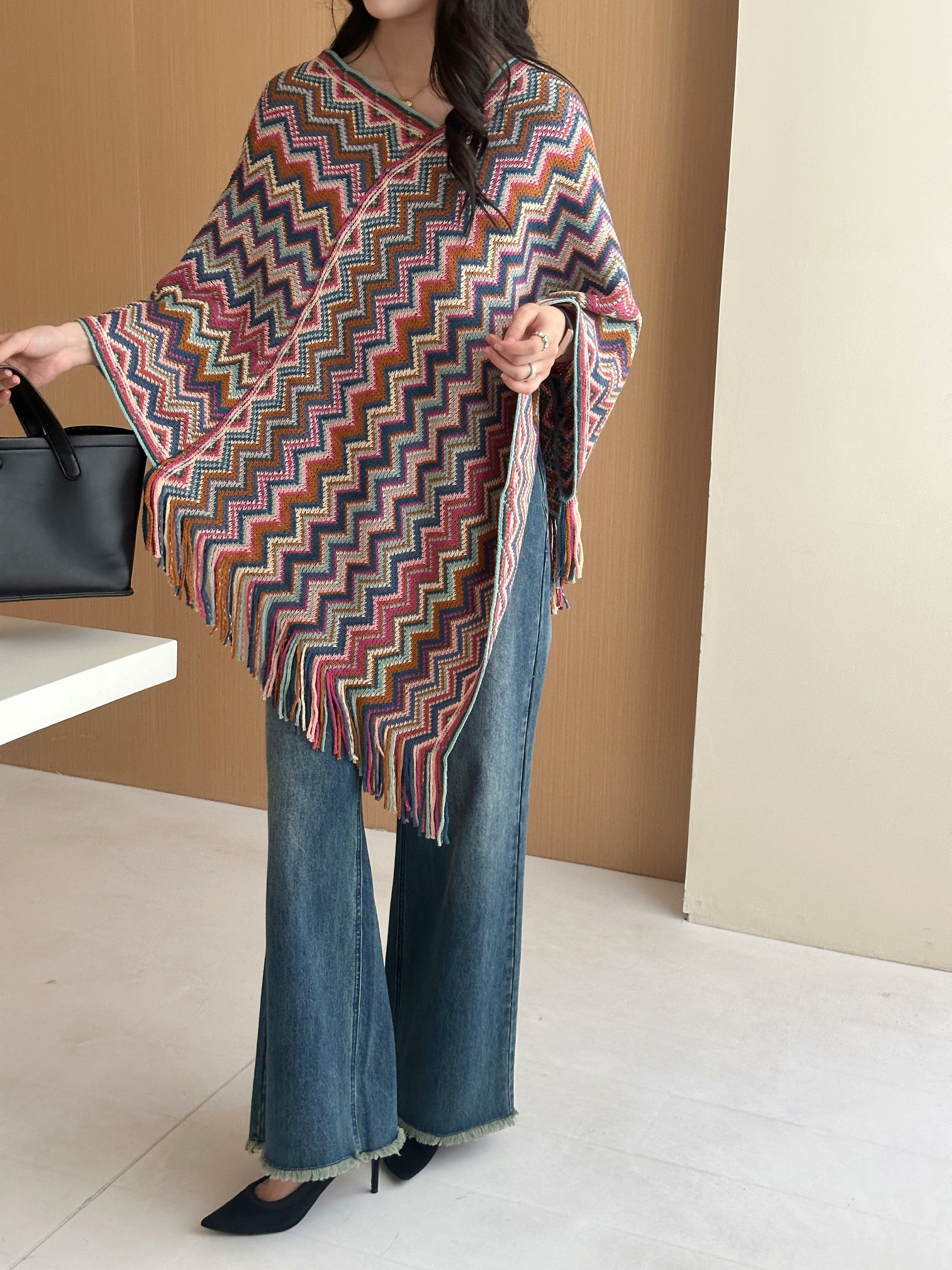 Kai Zig Zag Chevron Knitted Cape Blue