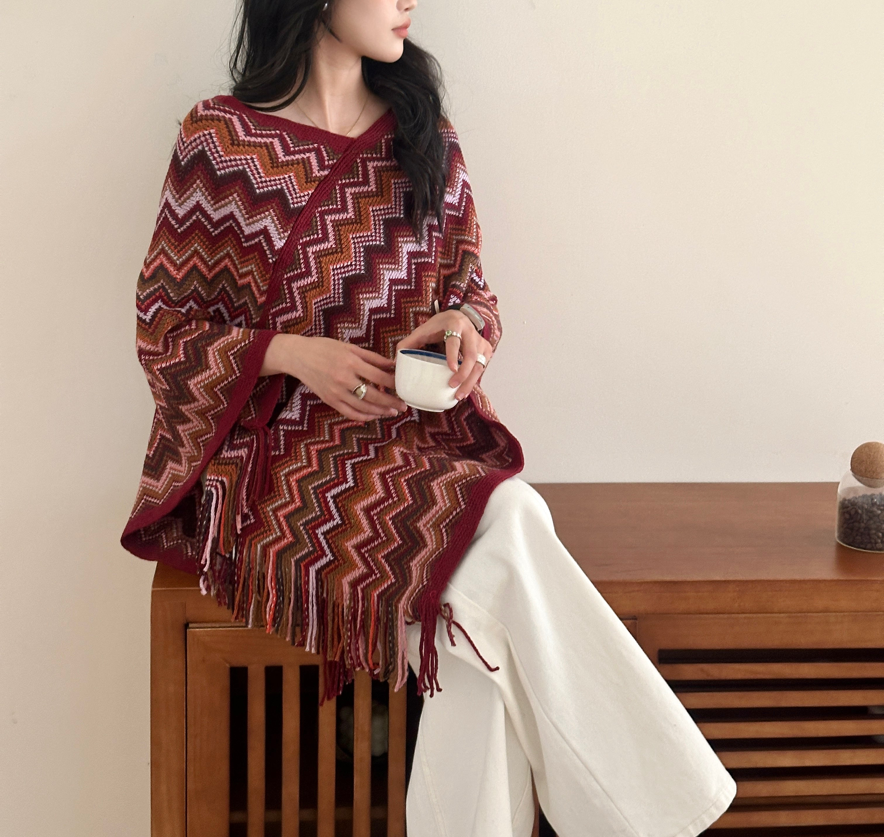Kai Zig Zag Chevron Knitted Cape Red