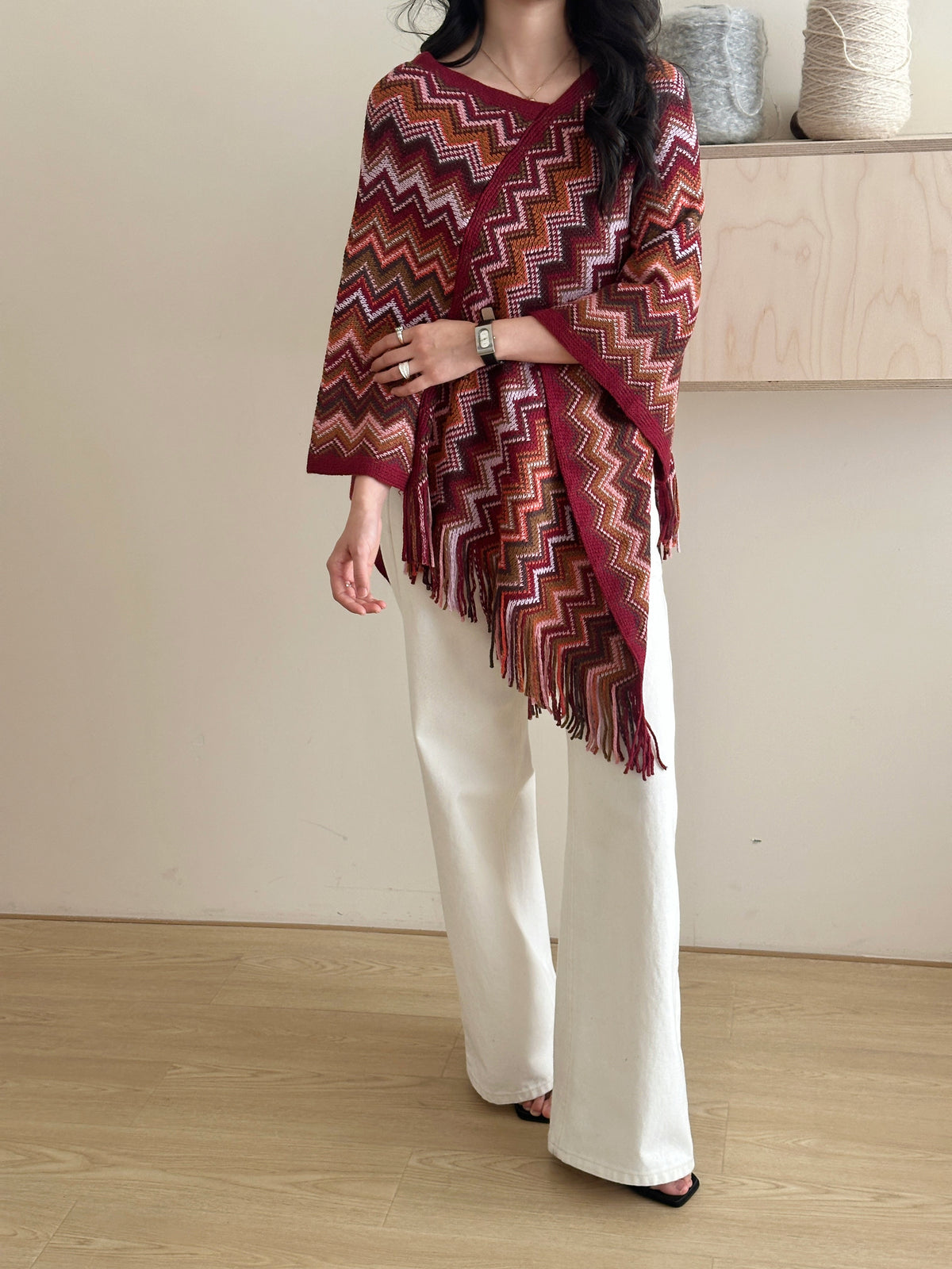 Kai Zig Zag Chevron Knitted Cape Red