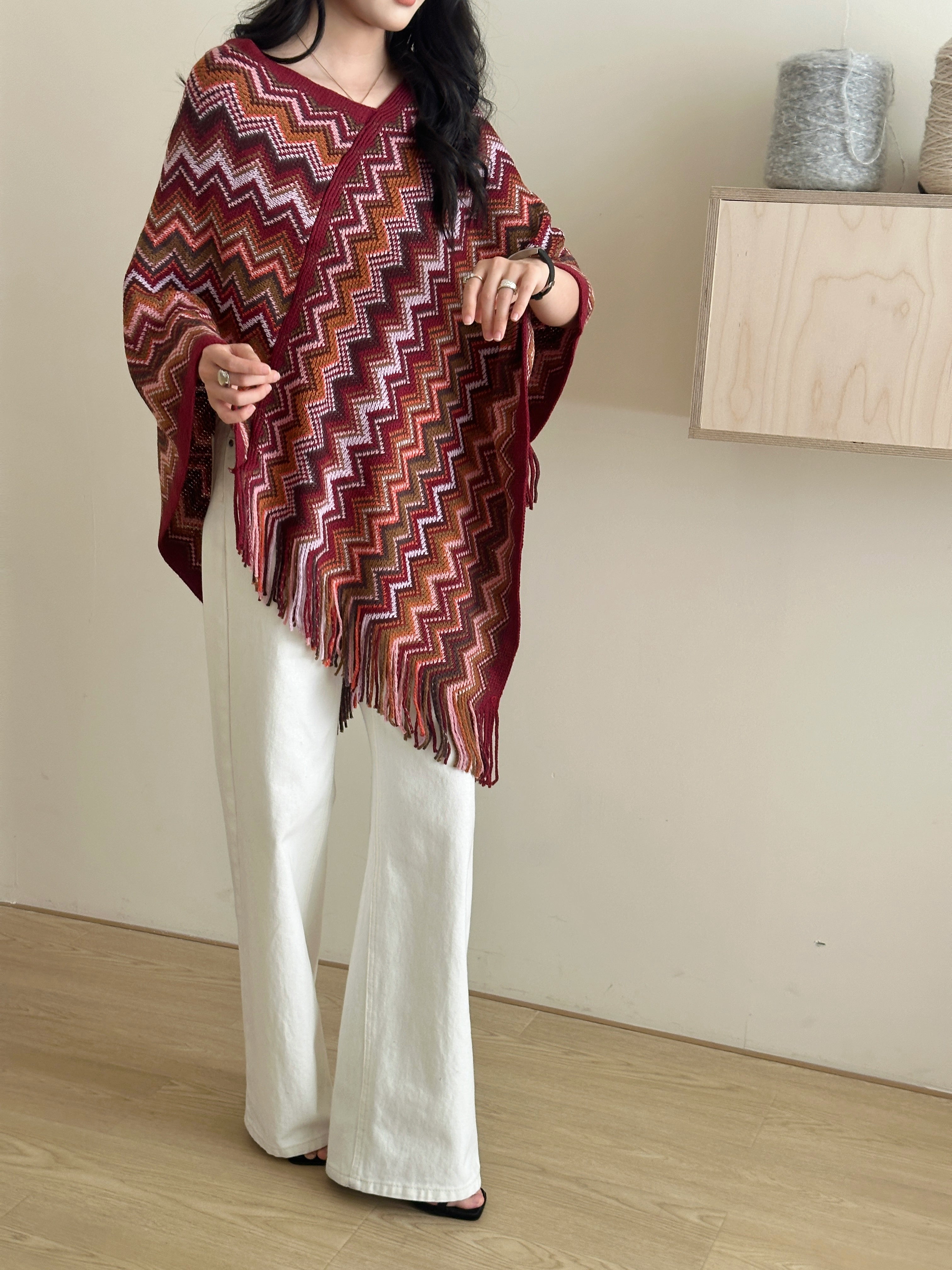 Kai Zig Zag Chevron Knitted Cape Red