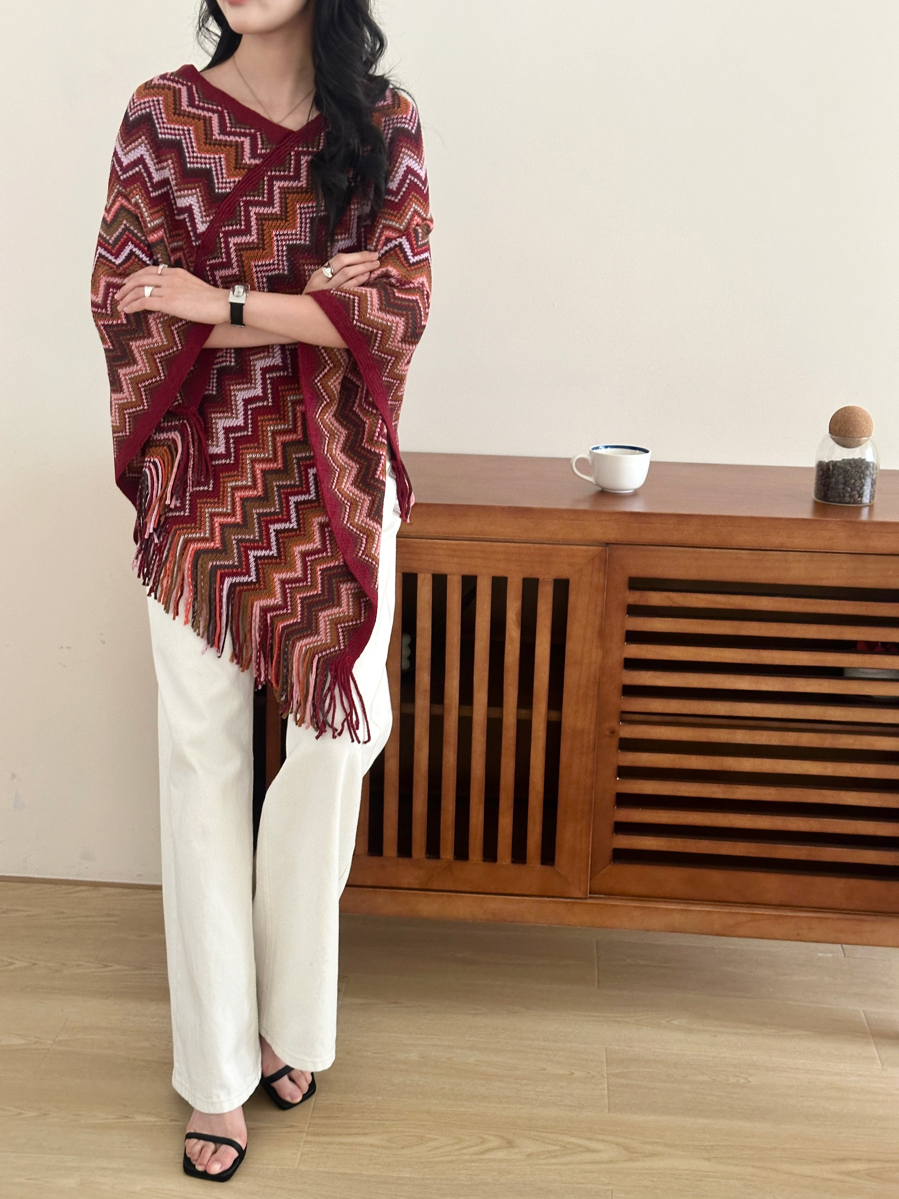 Kai Zig Zag Chevron Knitted Cape Red
