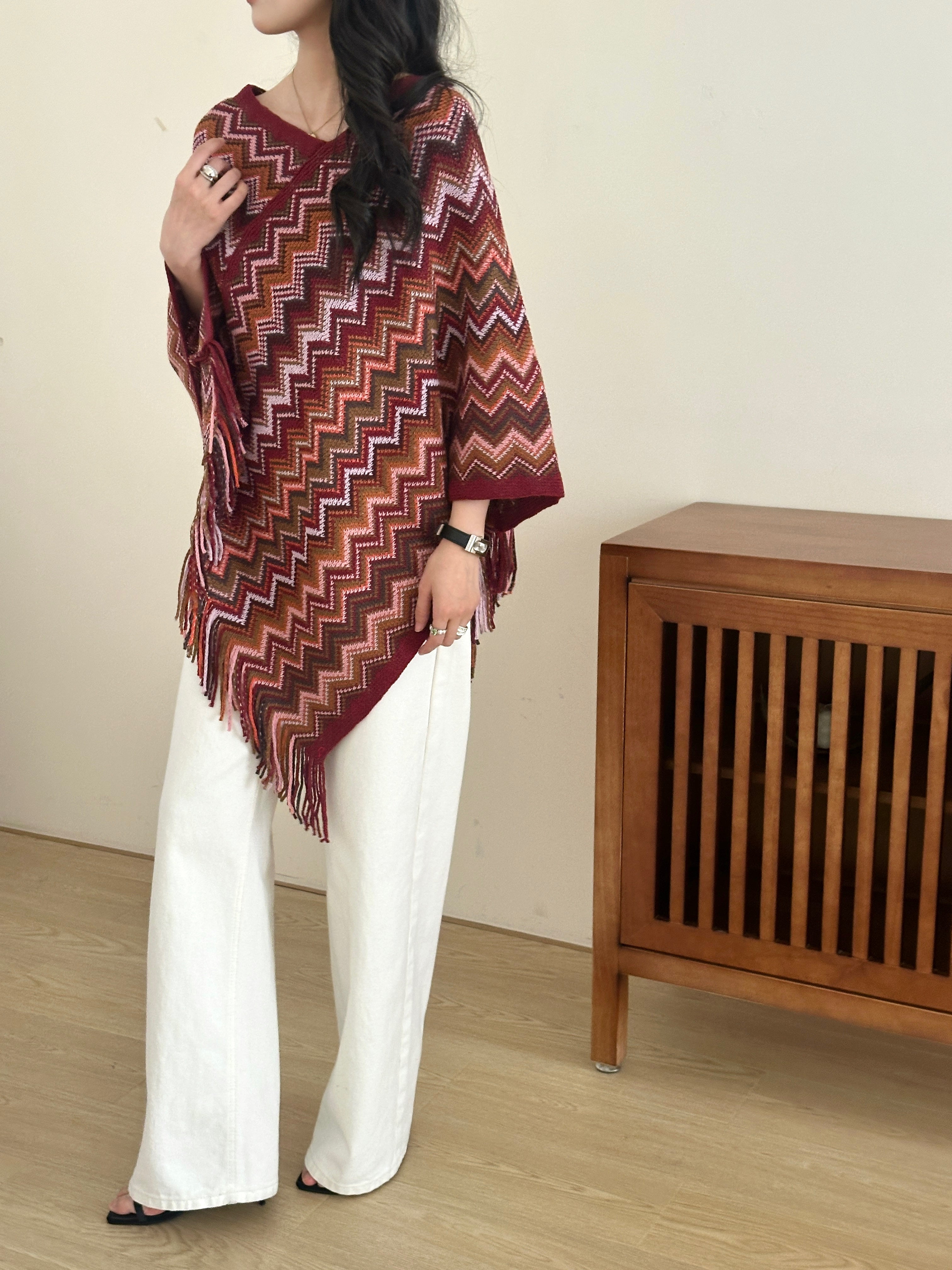 Kai Zig Zag Chevron Knitted Cape Red