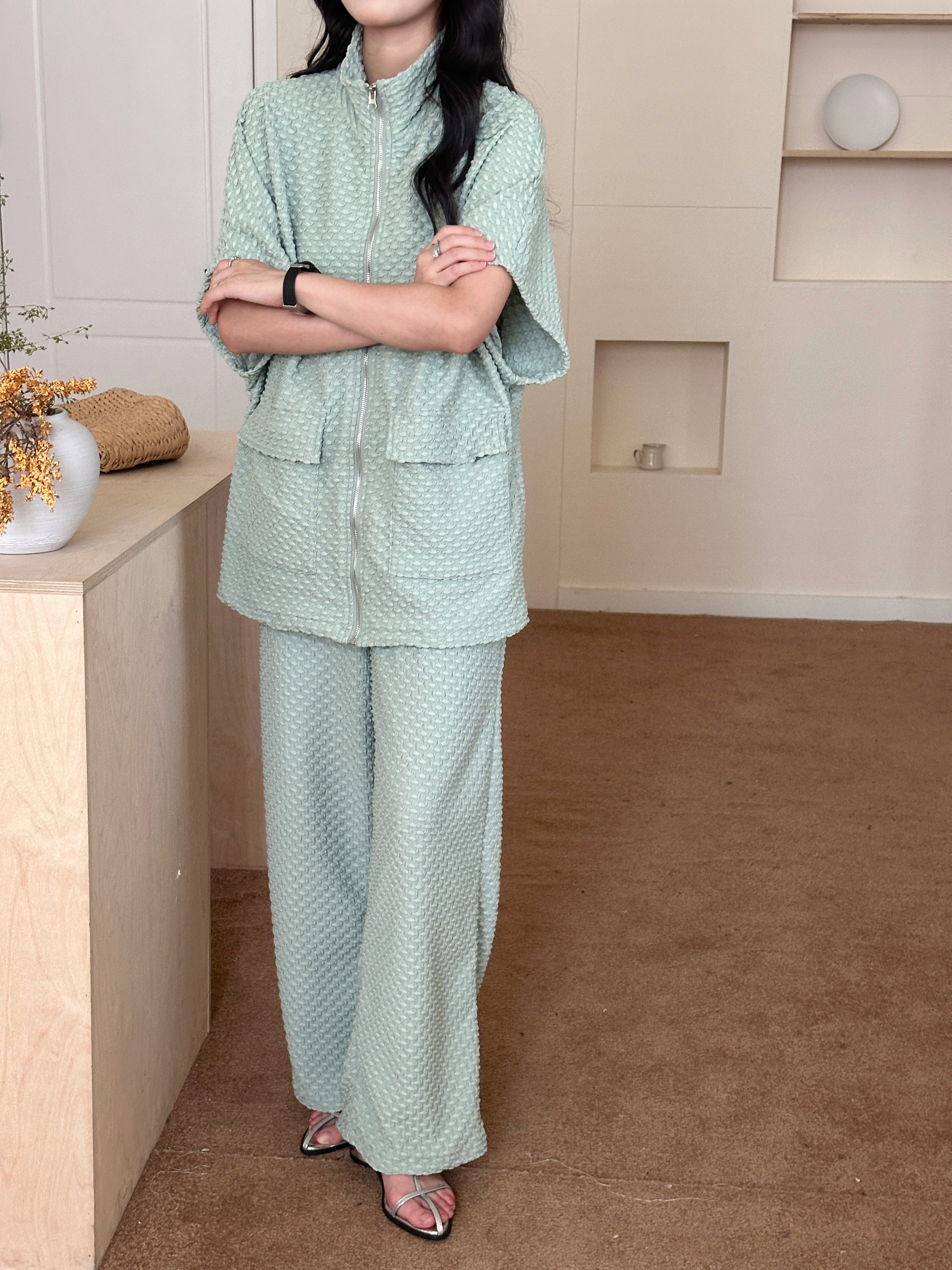 Naira Pistachio Textured Suit with Zipper
