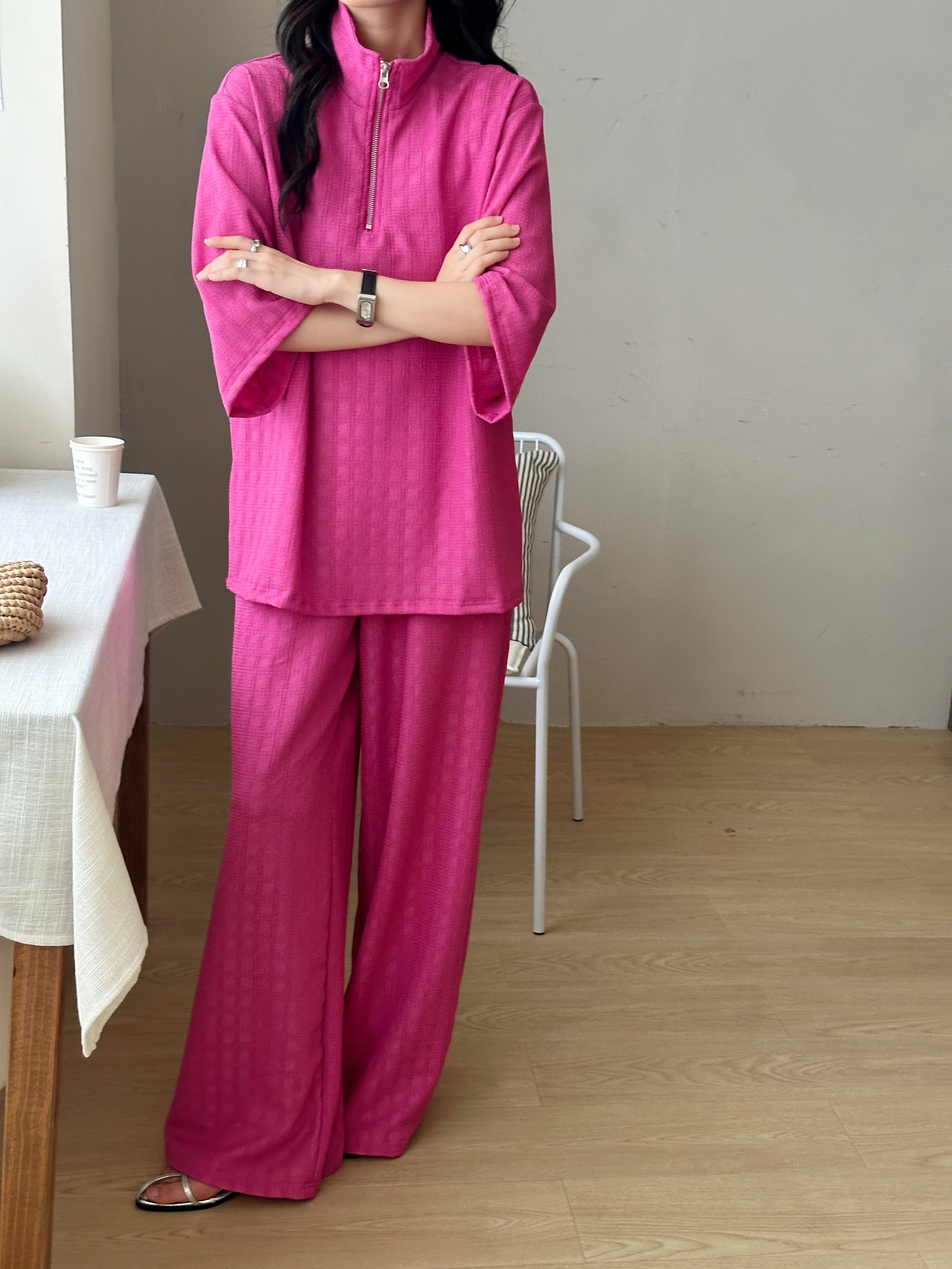 Raha Fuchsia Textured Suit with Zipper