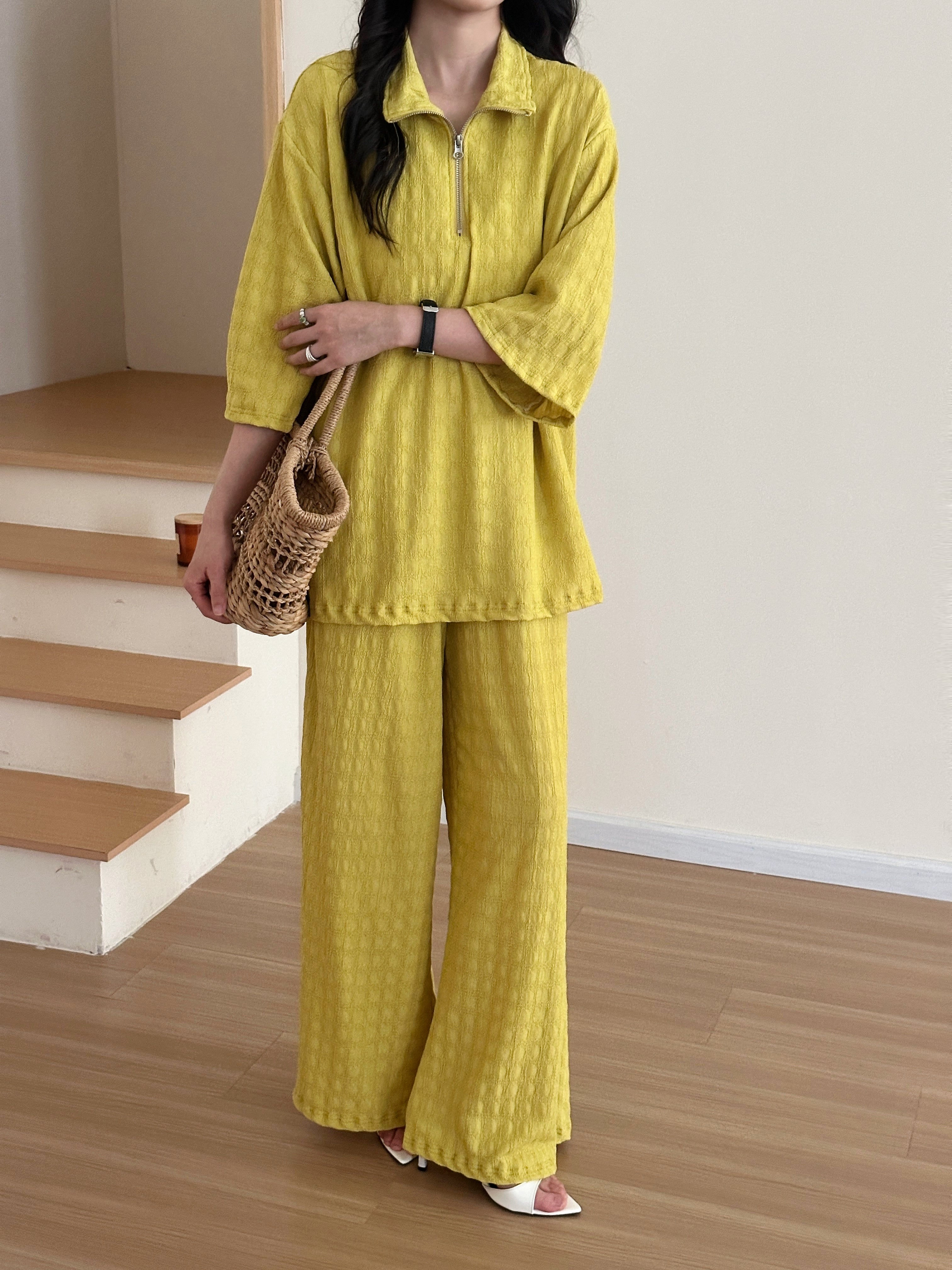 Raha Marigold Textured Suit with Zipper
