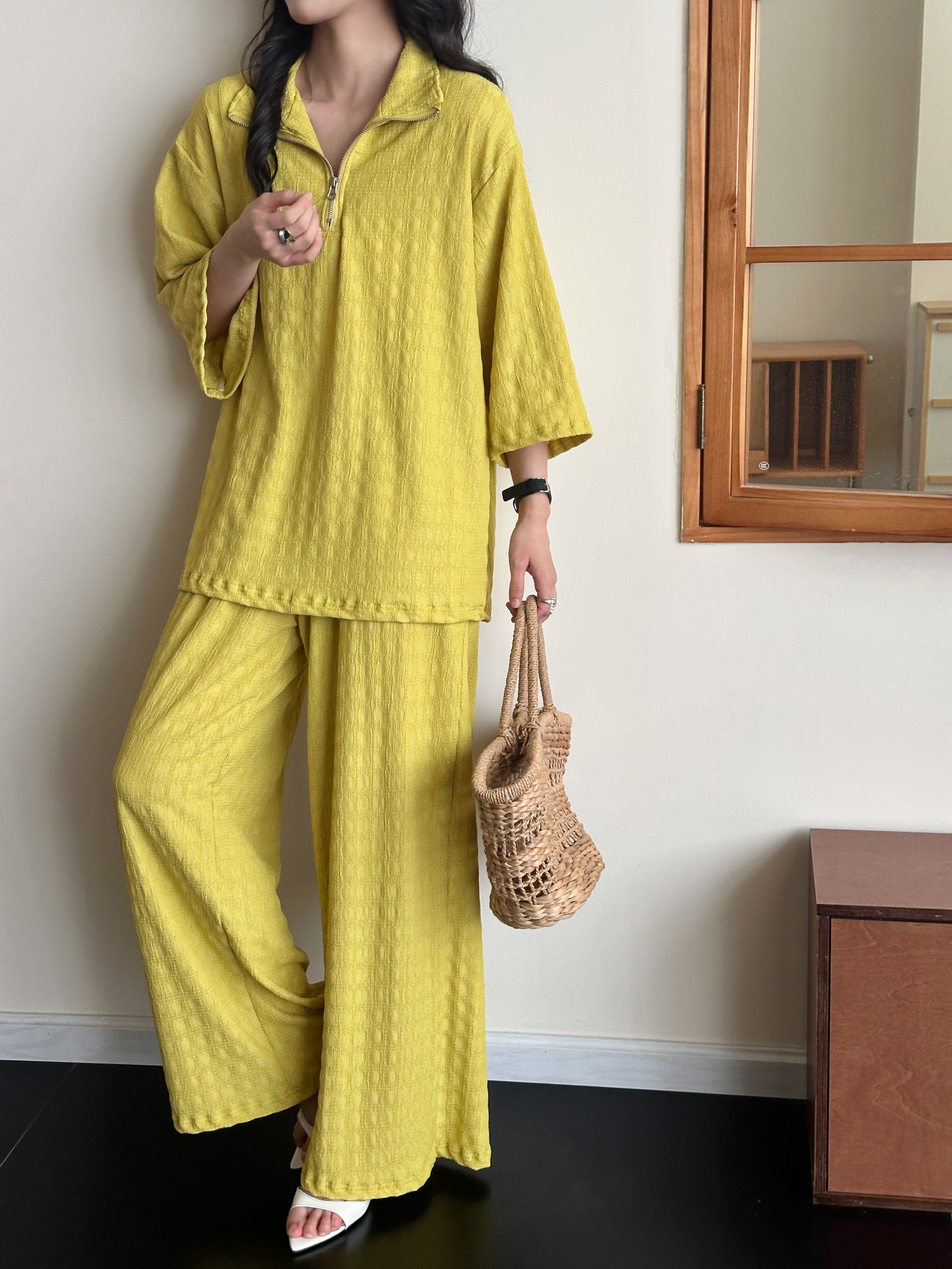 Raha Marigold Textured Suit with Zipper