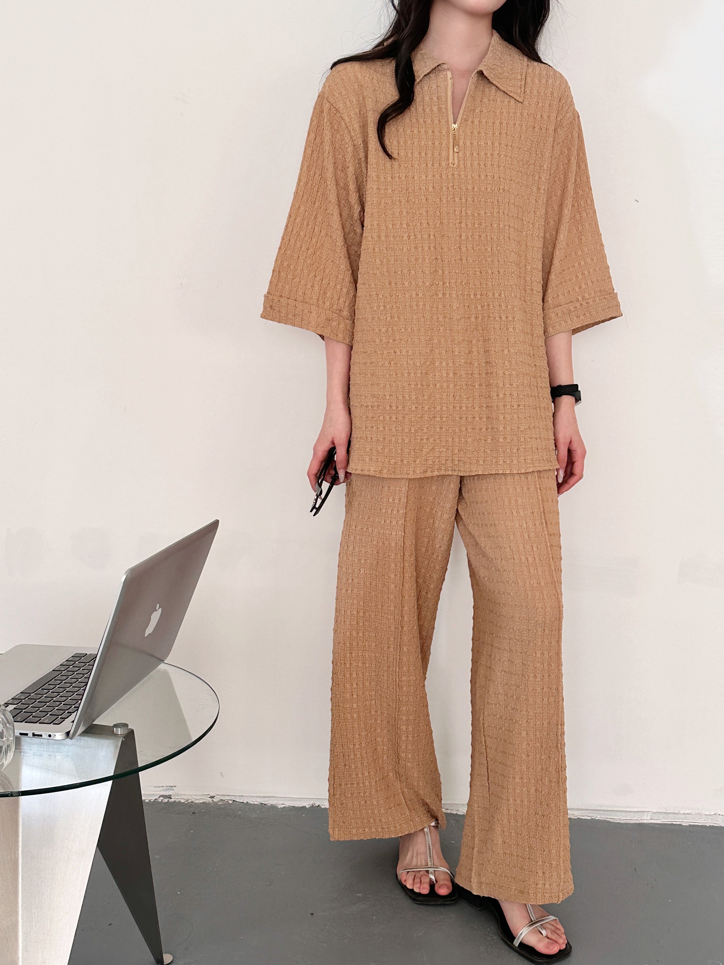 Kaya Textured Suit Beige with Zipper