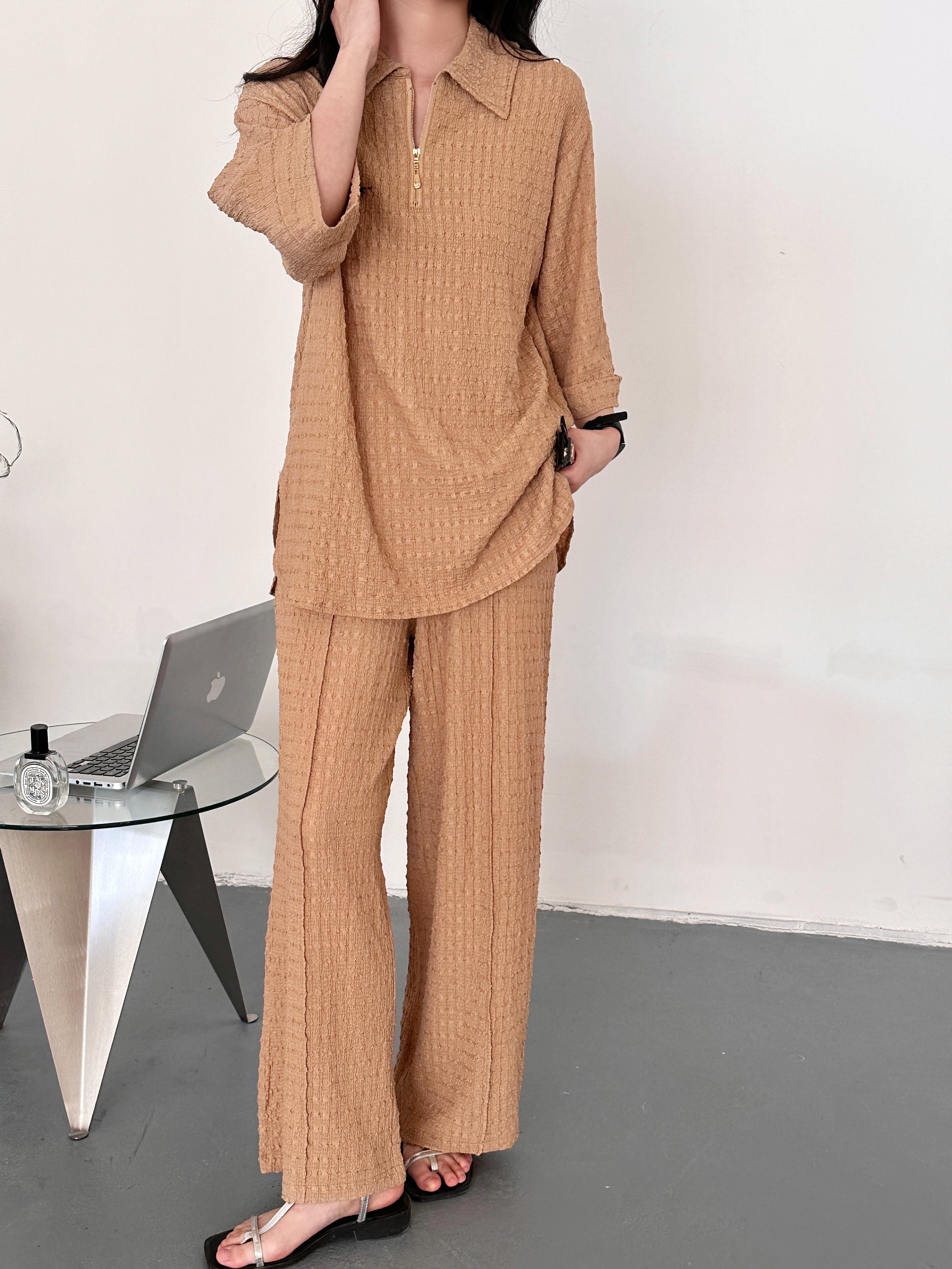 Kaya Textured Suit Beige with Zipper