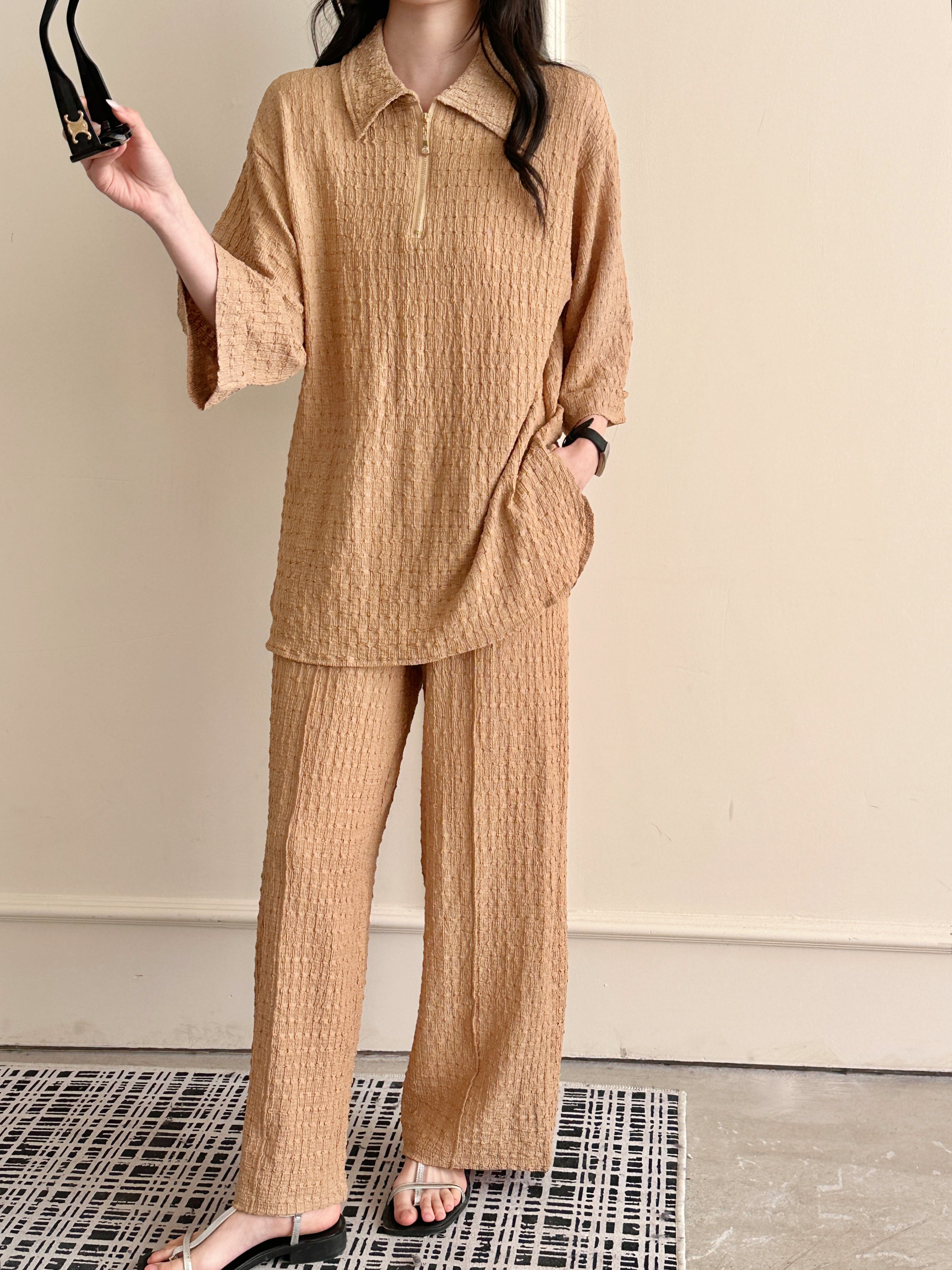 Kaya Textured Suit Beige with Zipper