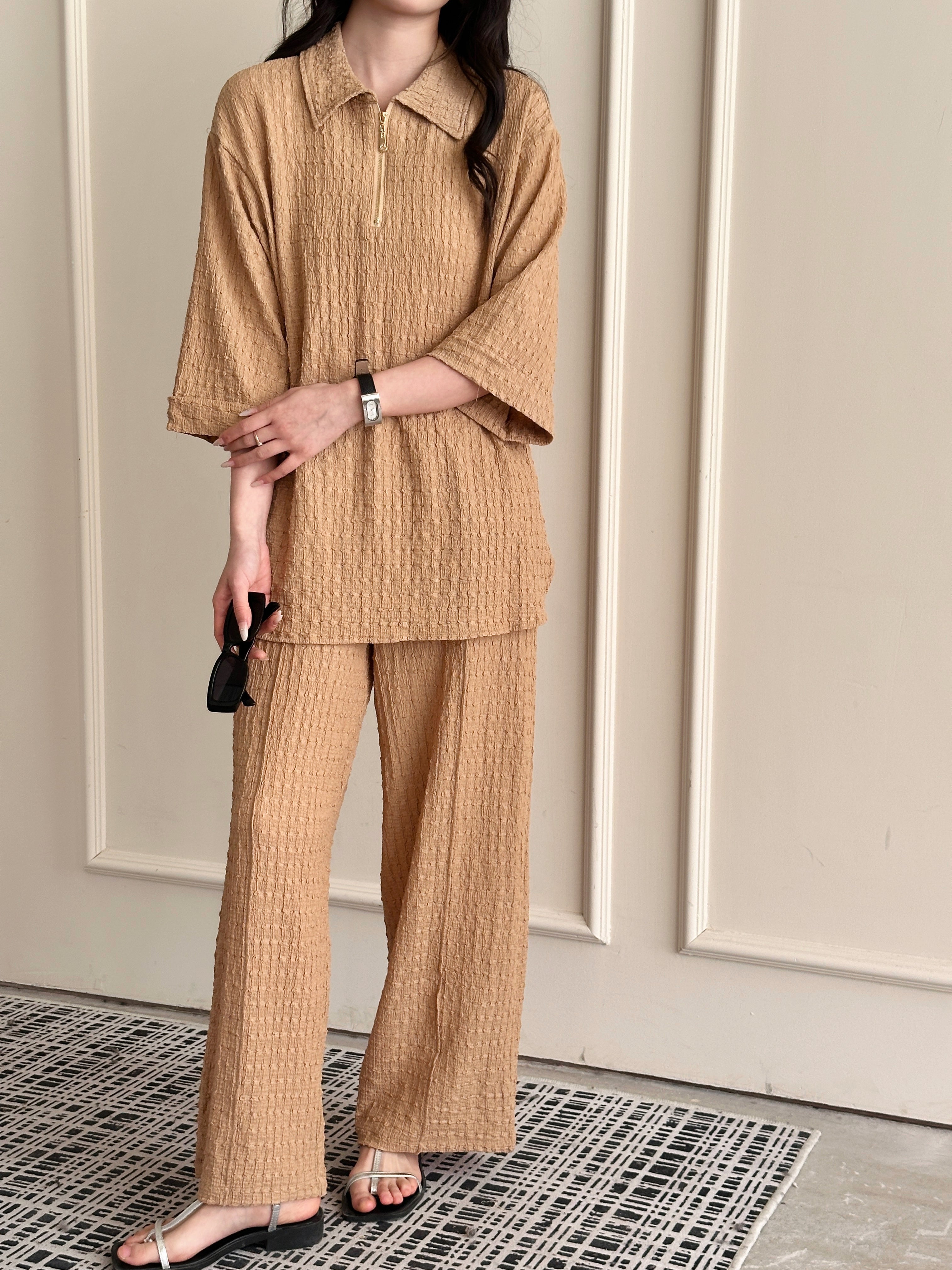 Kaya Textured Suit Beige with Zipper