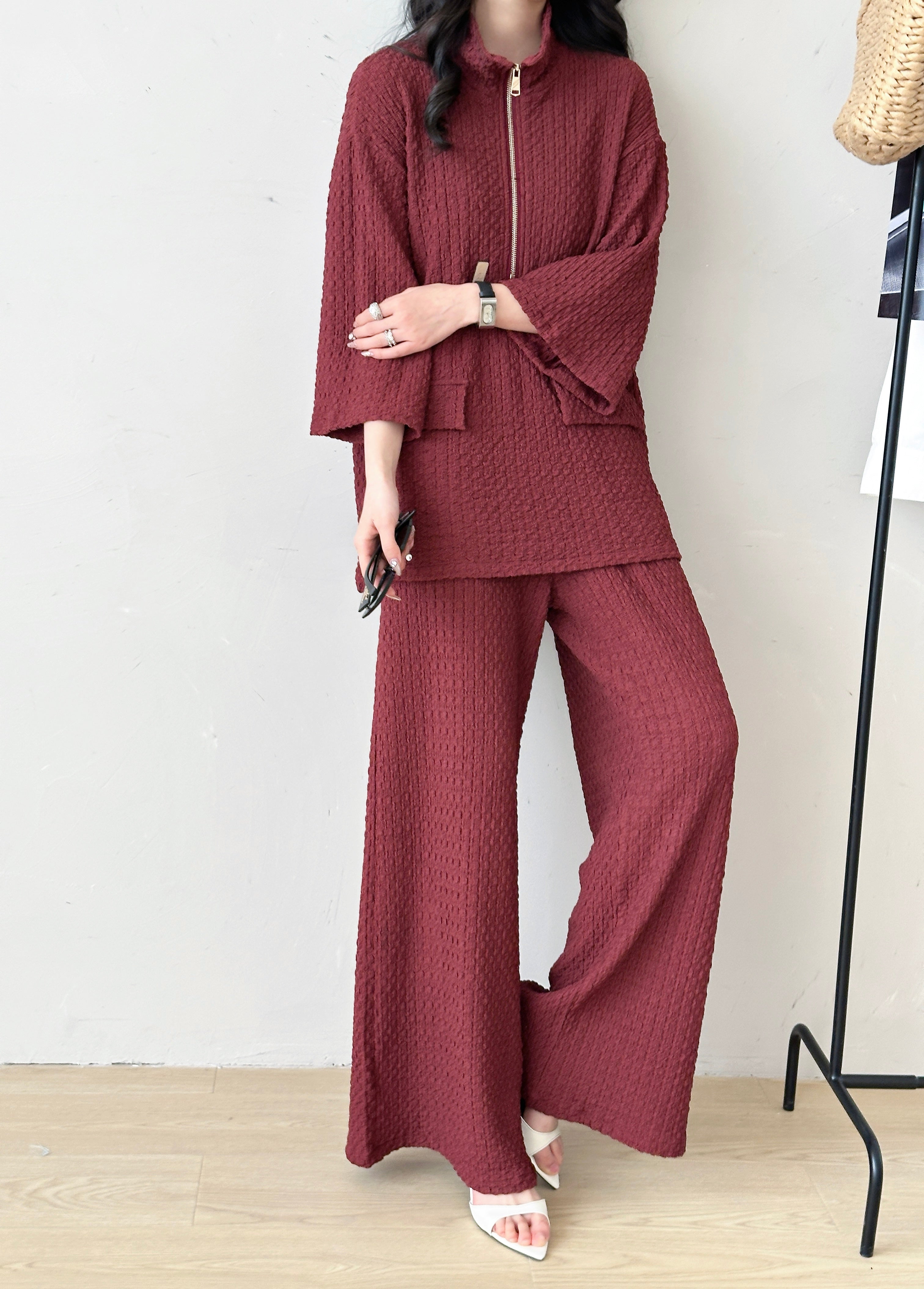 Lira Burgundy Textured Suit with Zipper
