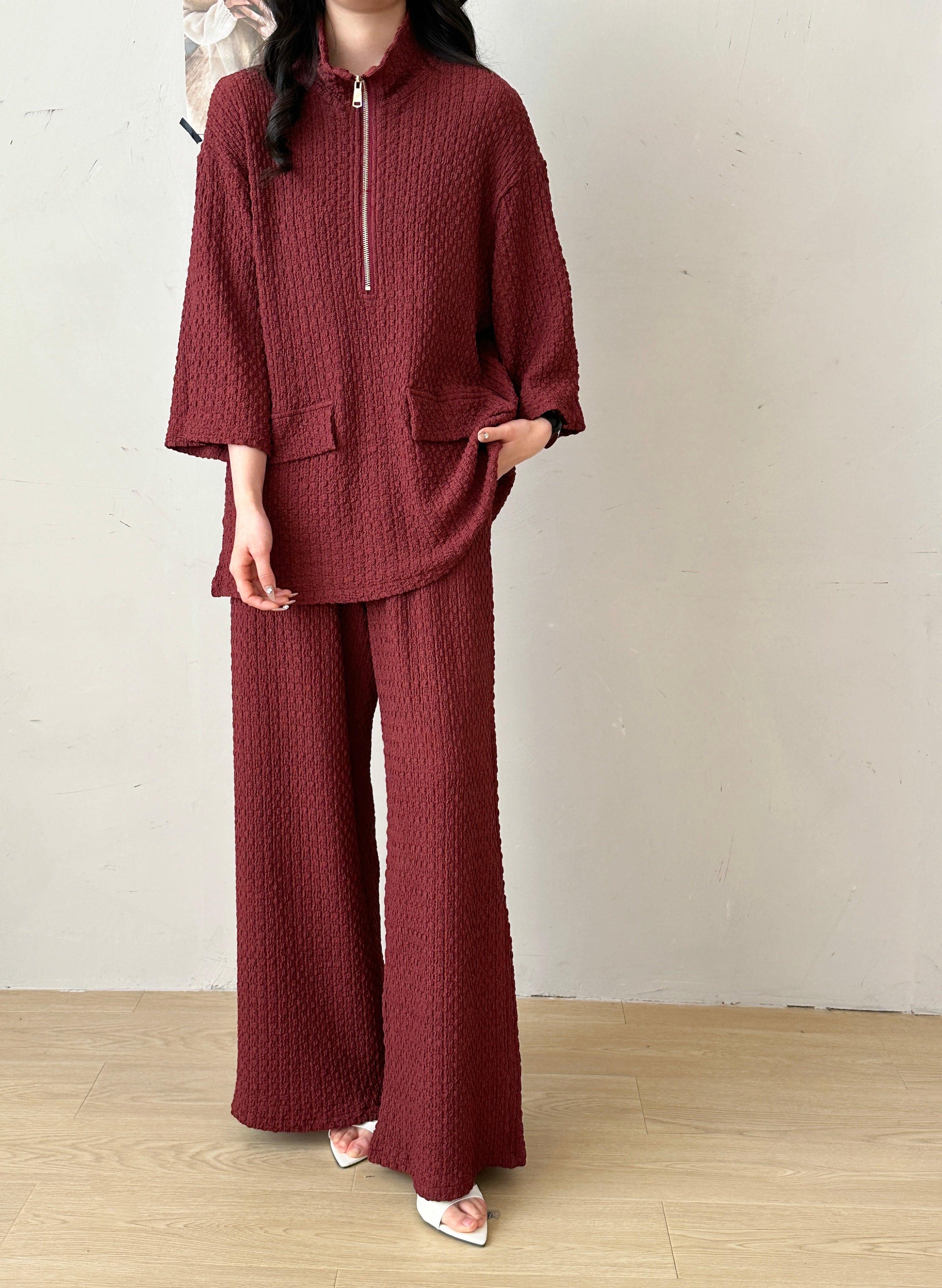 Lira Burgundy Textured Suit with Zipper