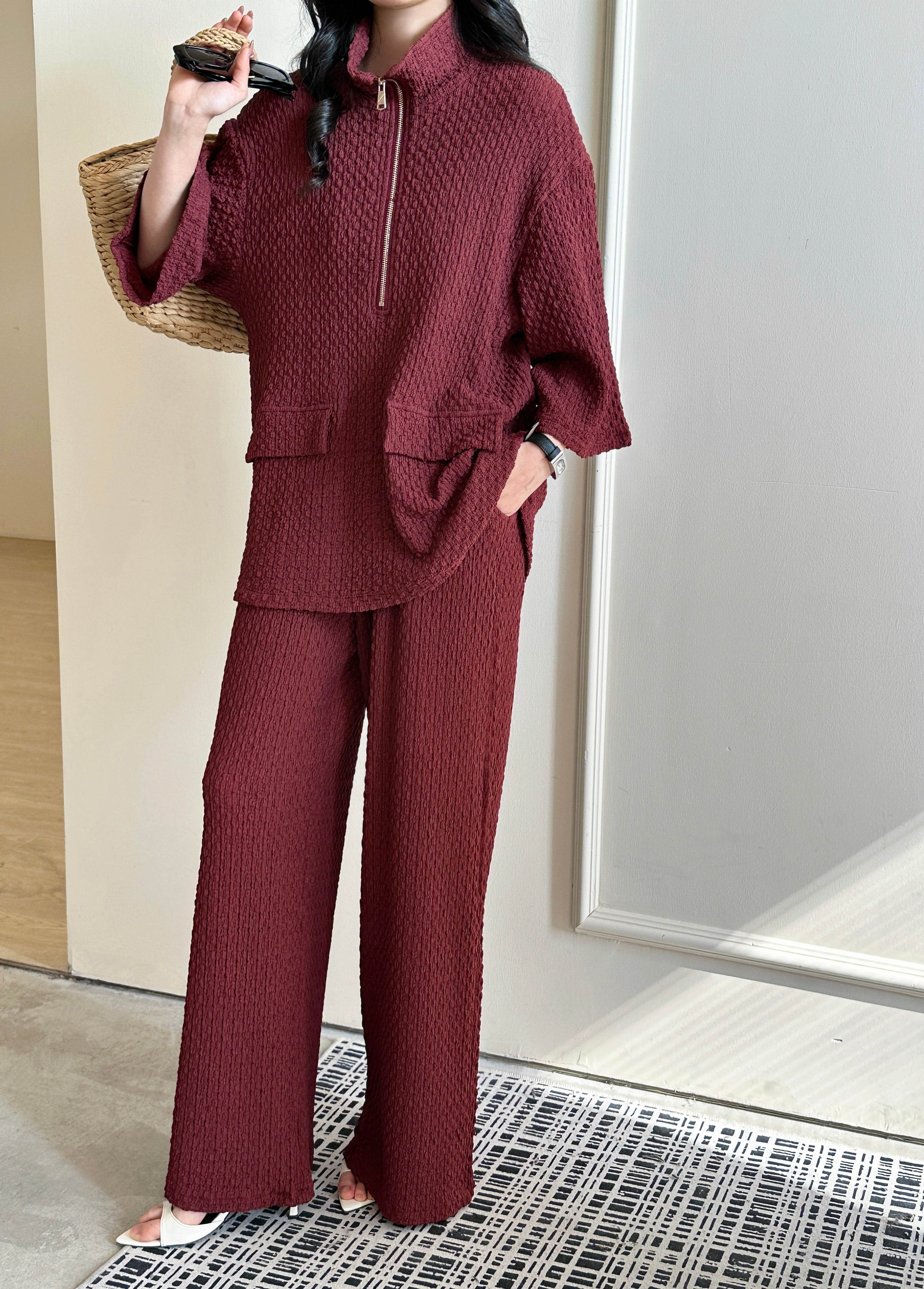 Lira Burgundy Textured Suit with Zipper
