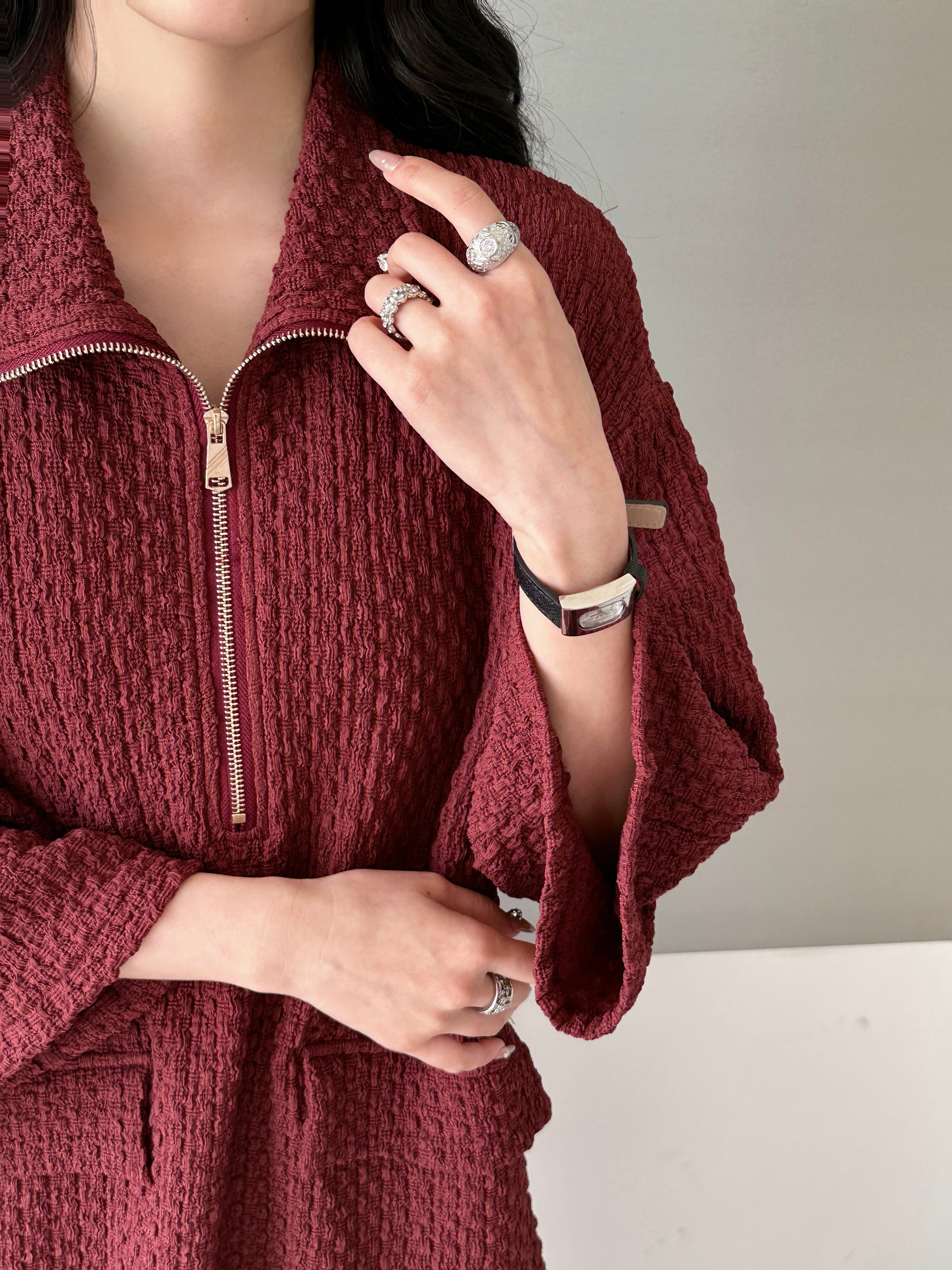 Lira Burgundy Textured Suit with Zipper