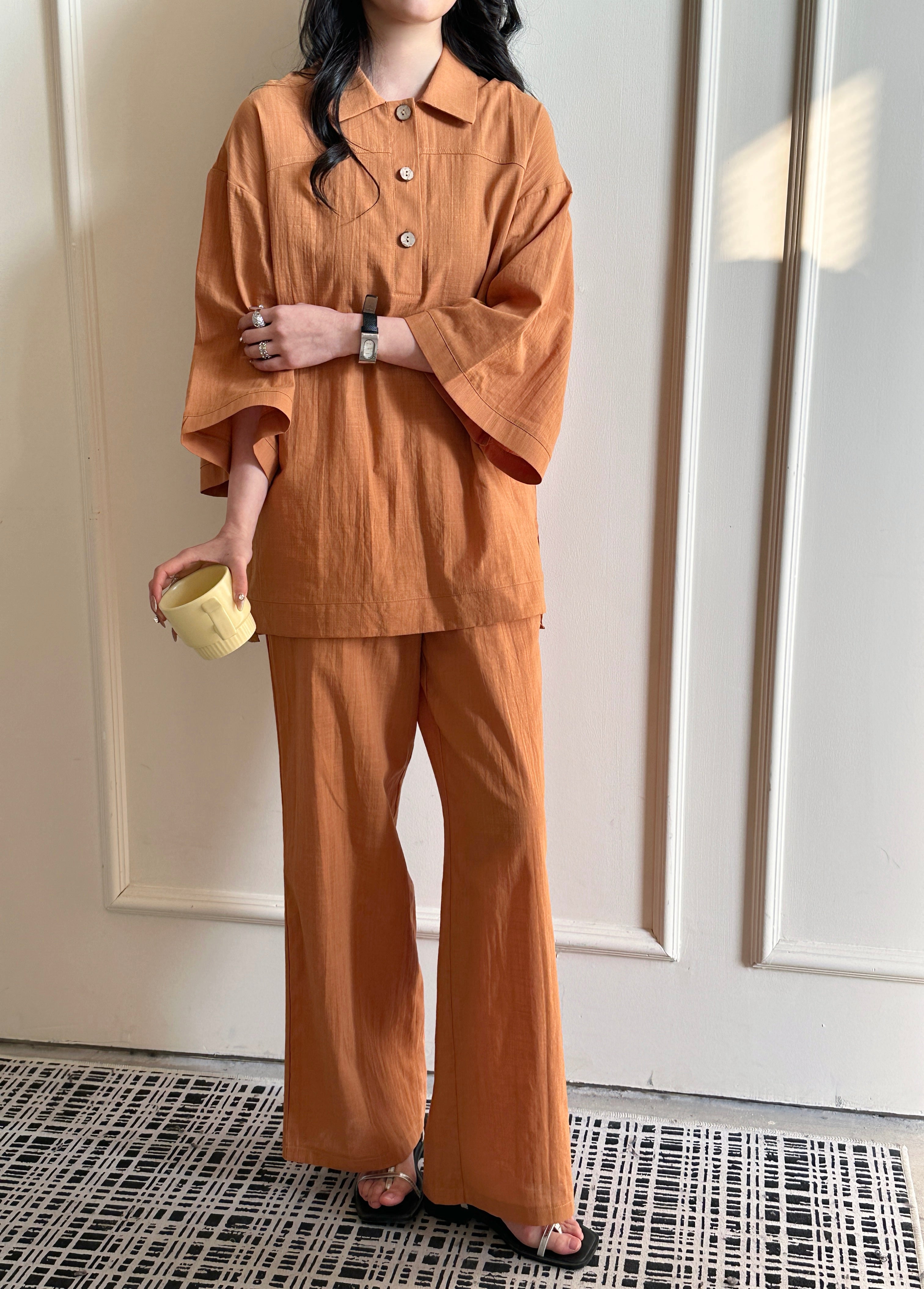 Liggi Crinkled Cotton Linen Set Rust