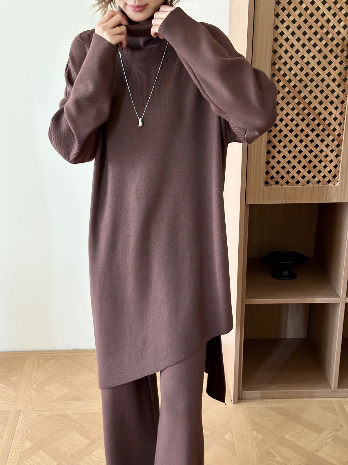 Munich Dark Brown Asymmetrical Knit Suit
