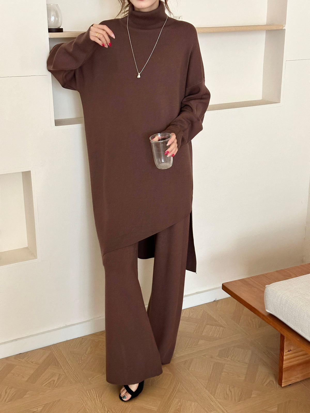 Munich Dark Brown Asymmetrical Knit Suit