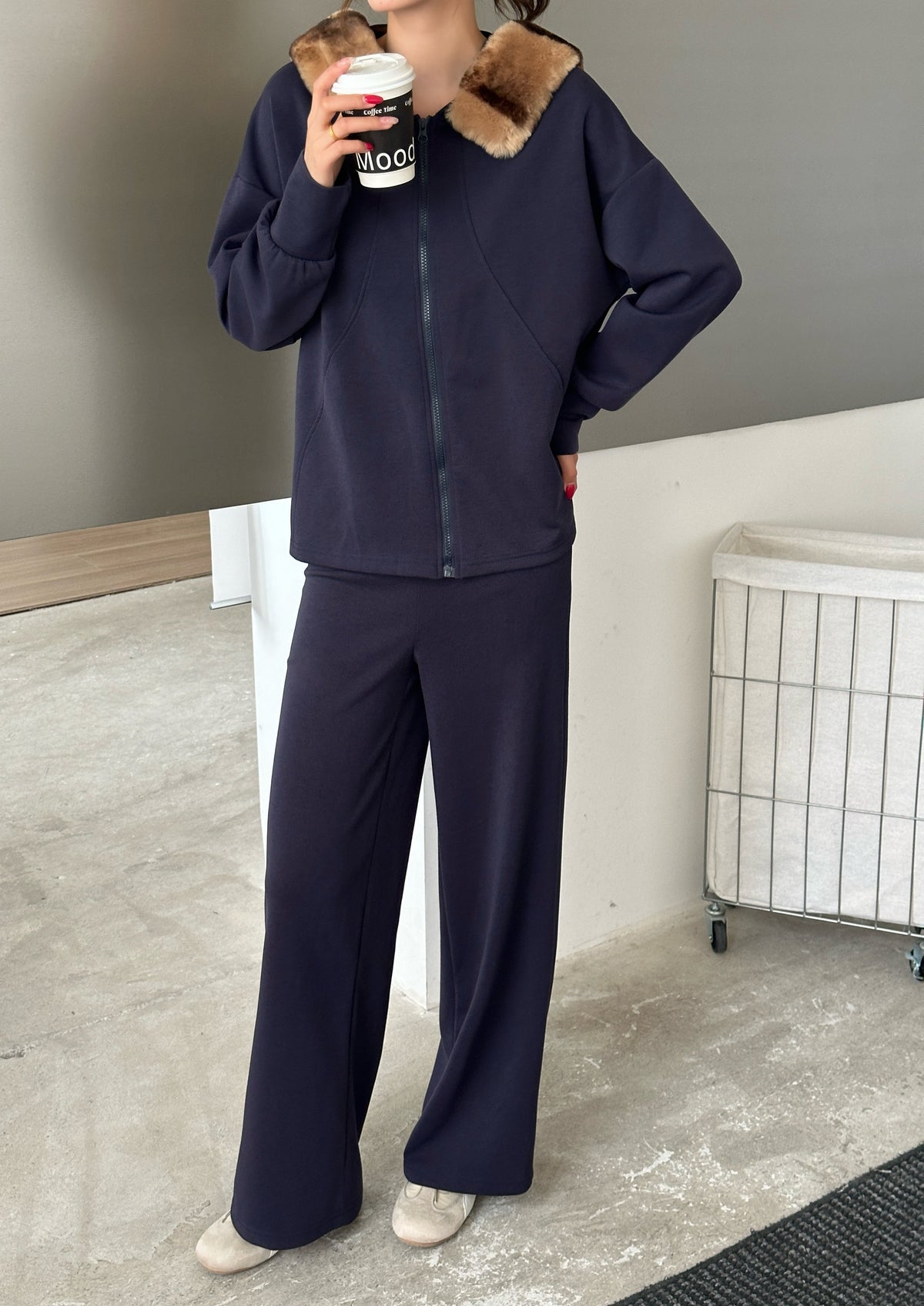 Berlin Navy Modal Faux Fur Cape Suit