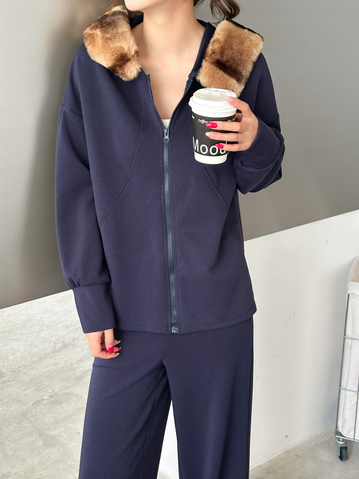 Berlin Navy Modal Faux Fur Cape Suit