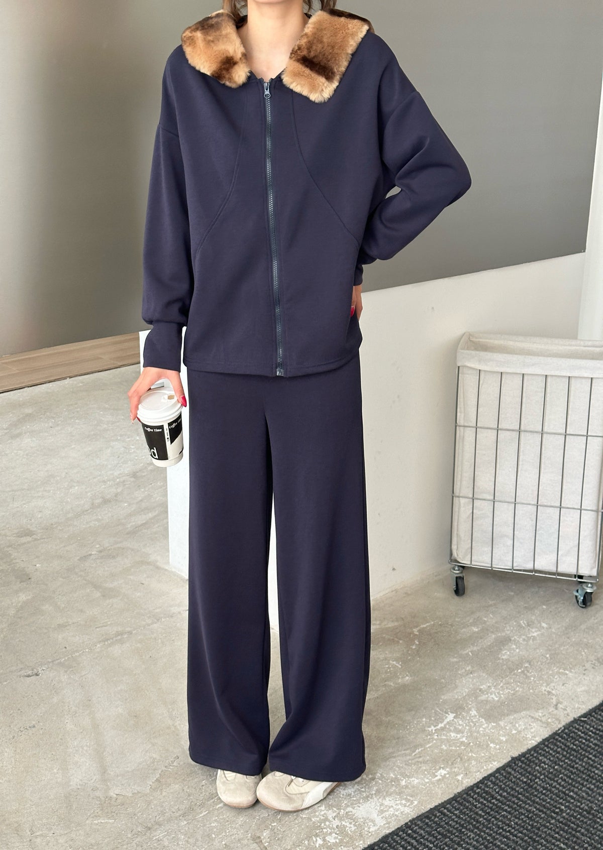 Berlin Navy Modal Faux Fur Cape Suit