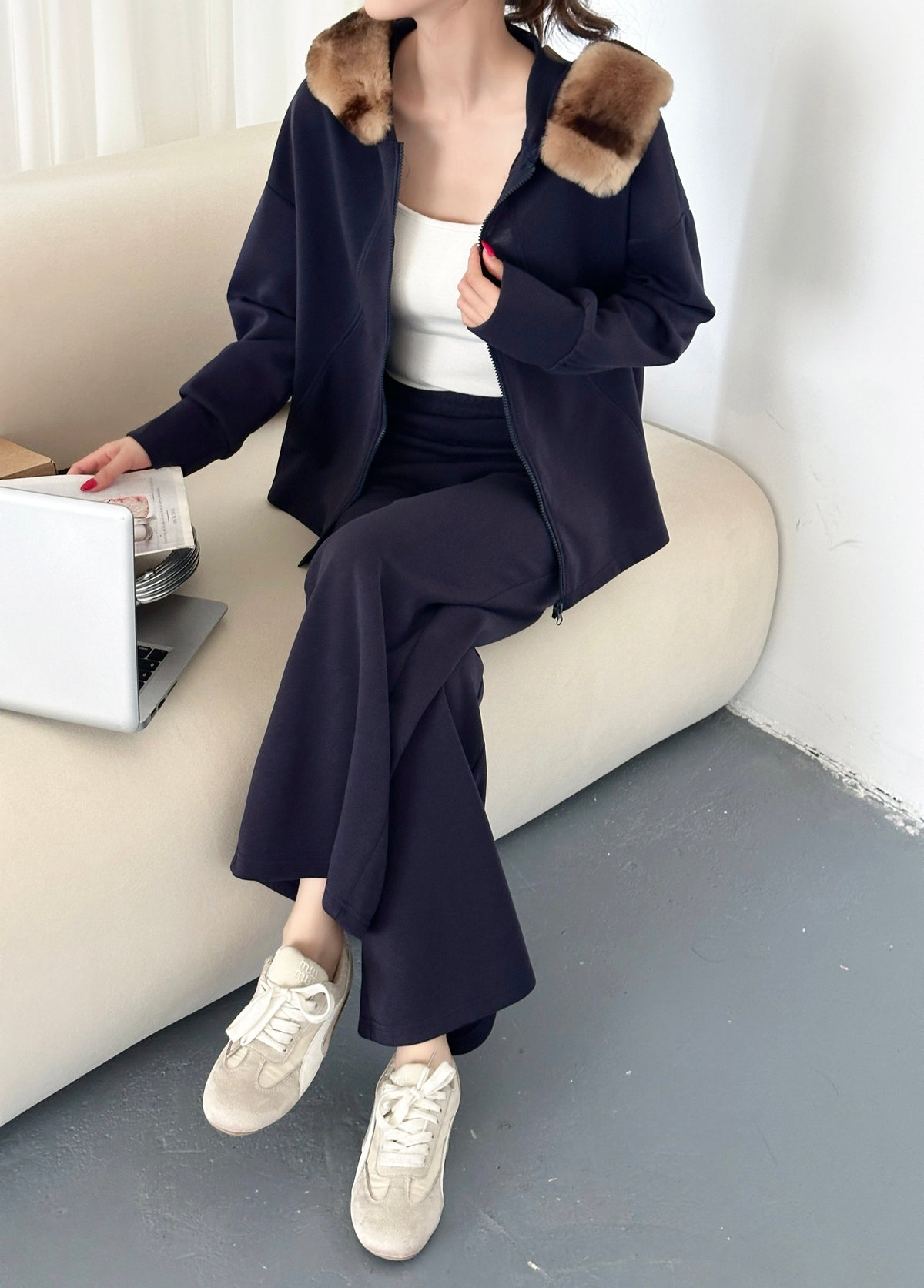 Berlin Navy Modal Faux Fur Cape Suit