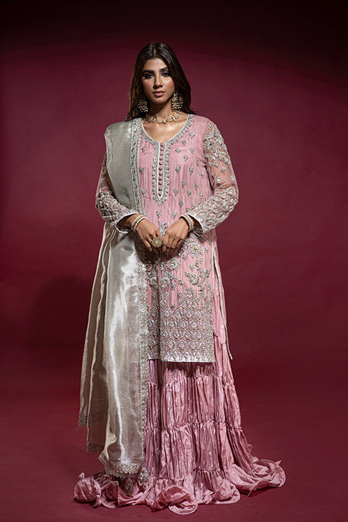 Pink Net Embellished Tunic with Silk Jhubba