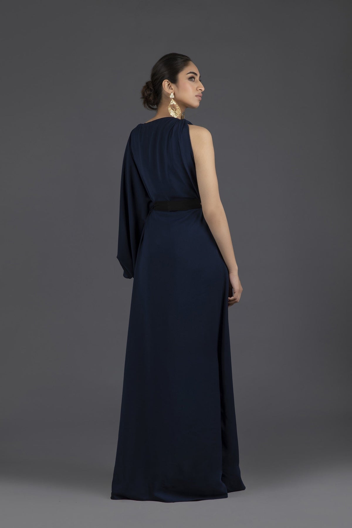 Asymmetrical Draped Kaftan with Three Dimensional Floral Belt