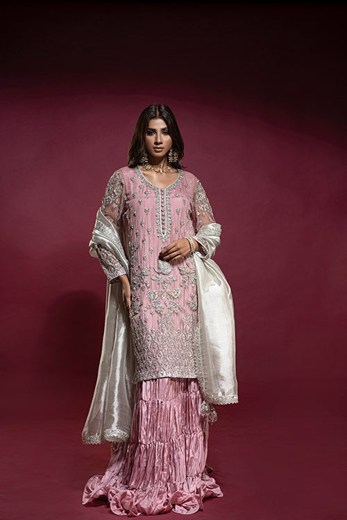 Pink Net Embellished Tunic with Silk Jhubba