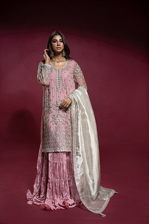 Pink Net Embellished Tunic with Silk Jhubba