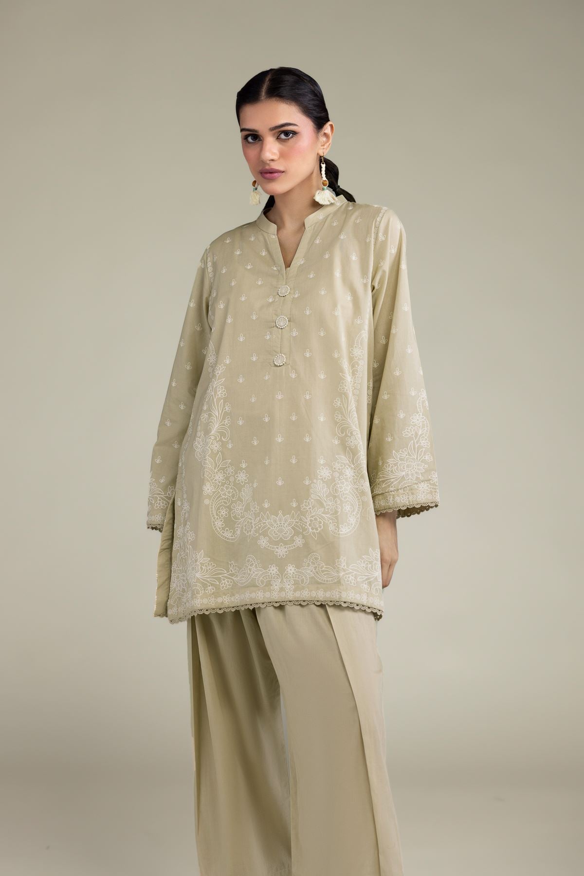 Beige Band-Collar Kurta