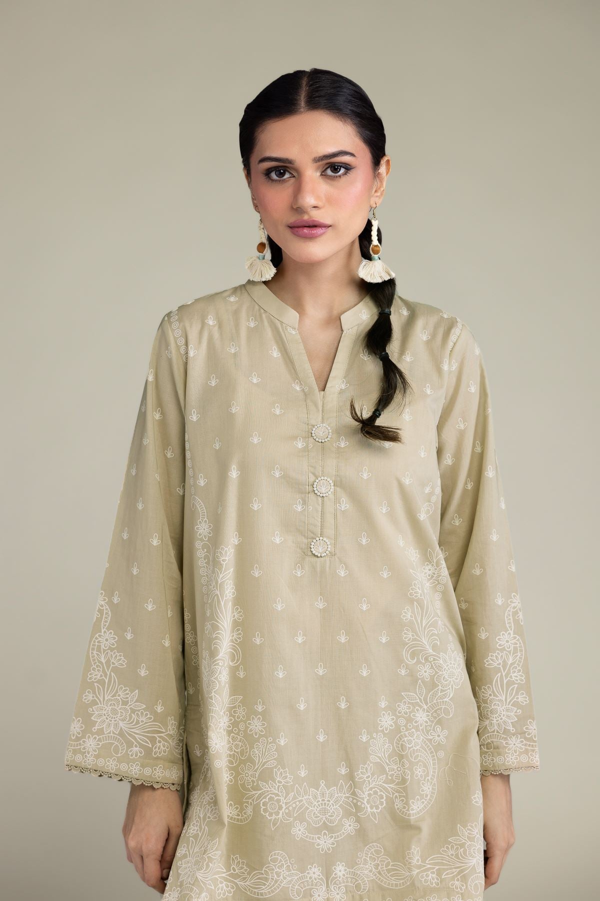 Beige Band-Collar Kurta