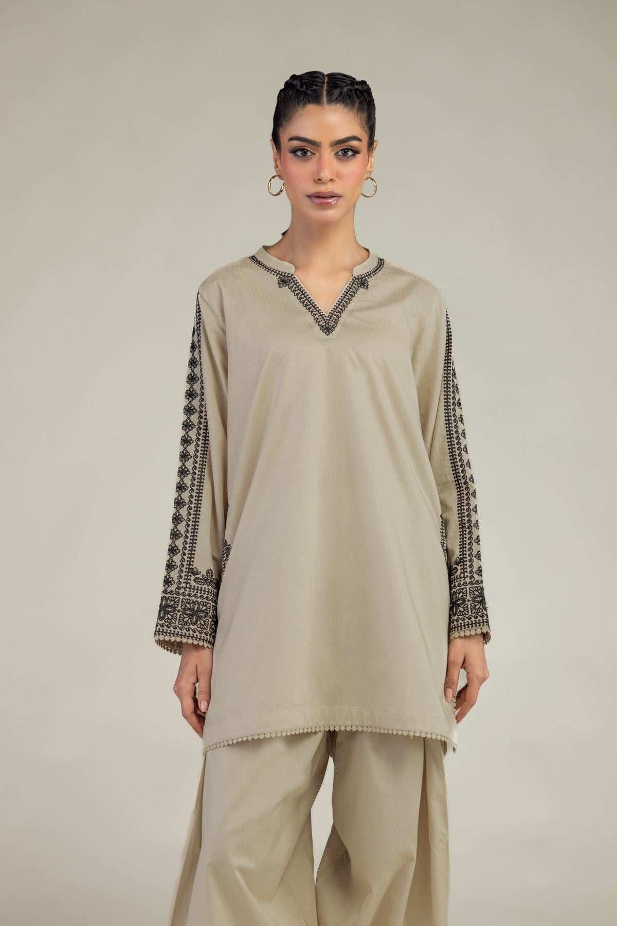Beige V-Neck Kurta