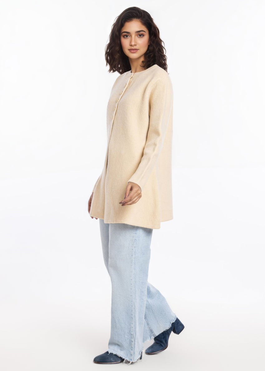 O-White-Round Neck Cardigan Full Sleeves Sweater (25Y-098-67)