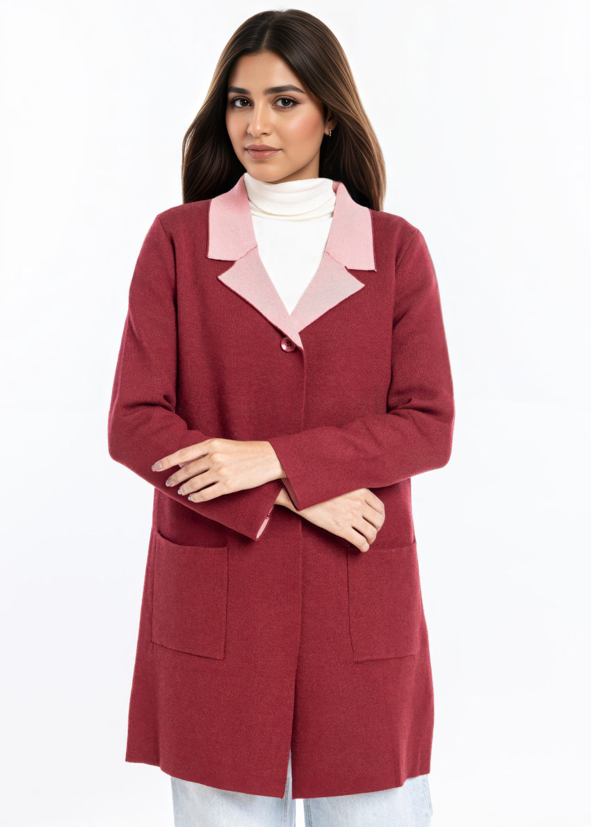 Maroon-Wing Collar Full Sleeves Cardigan Sweater (25Y-124-67)