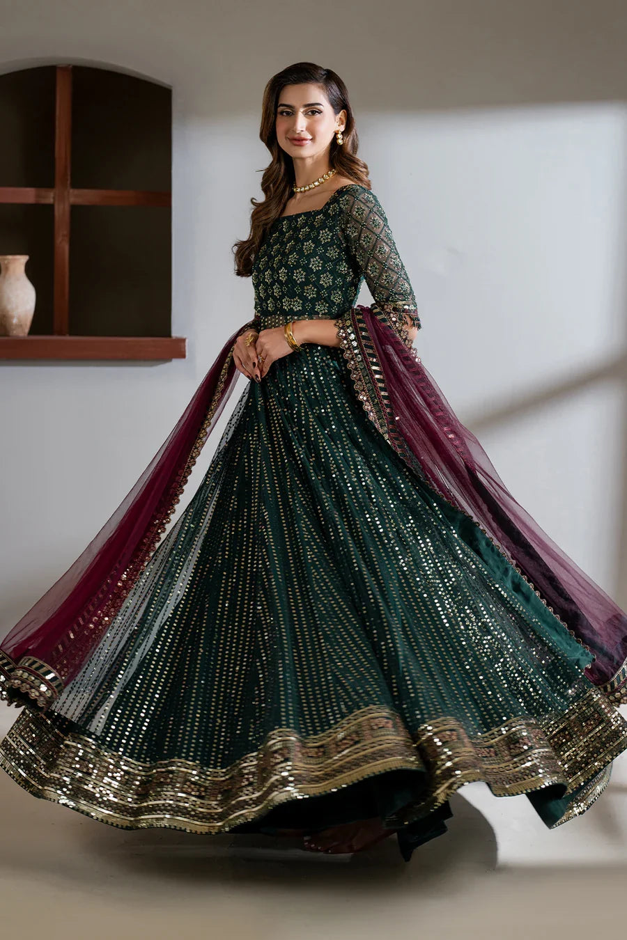 Iznik Meraki Luxury Embroidered Dark Green Luxury Unstitched Net Maxi D-07