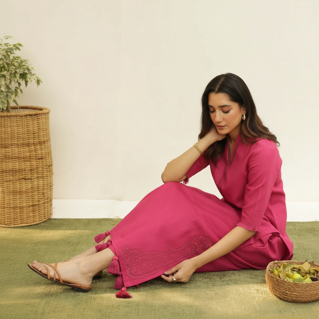 Shocking Glow Lawn Suit | Chiffon Dupatta 3 Piece Dress
