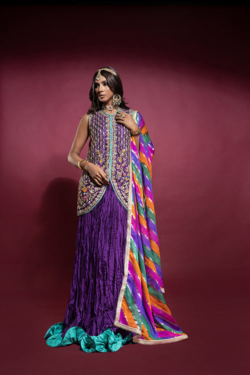 Purple Sleeveless Jacket with Crushed Lehnga and Chatta Patti Dupatta