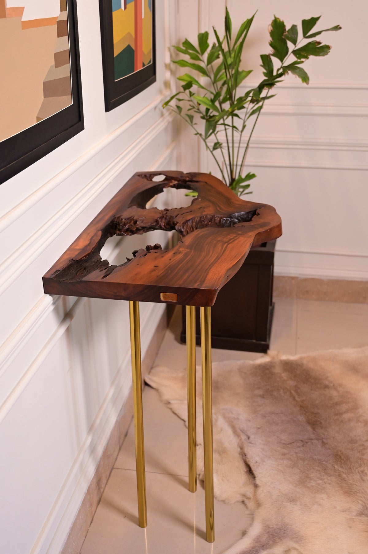 Sheesham live edge hanging console with 3 golden stainless steel metal legs 2104