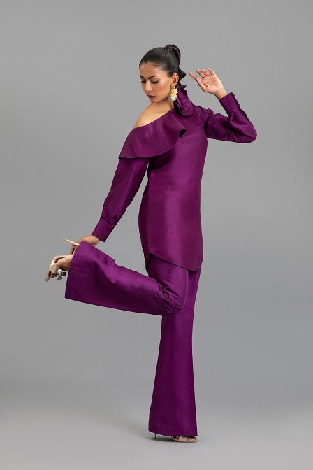 Frilled Drop Shoulder Top with Flared Trouser