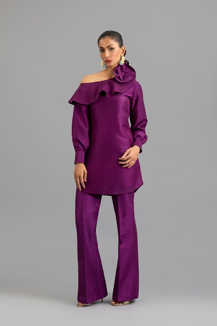 Frilled Drop Shoulder Top with Flared Trouser