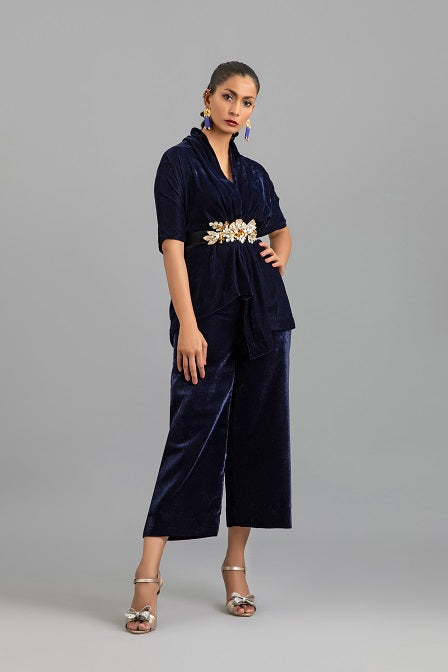 Blue Velvet Warp with 3D Motif Belt and Culotte Pants