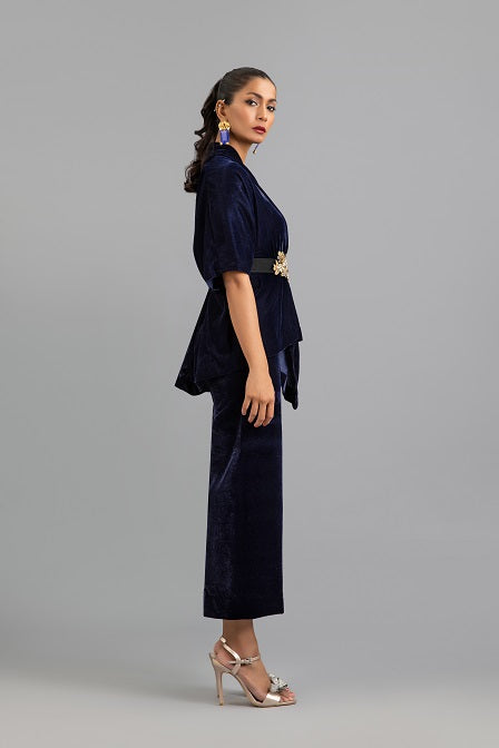 Blue Velvet Warp with 3D Motif Belt and Culotte Pants