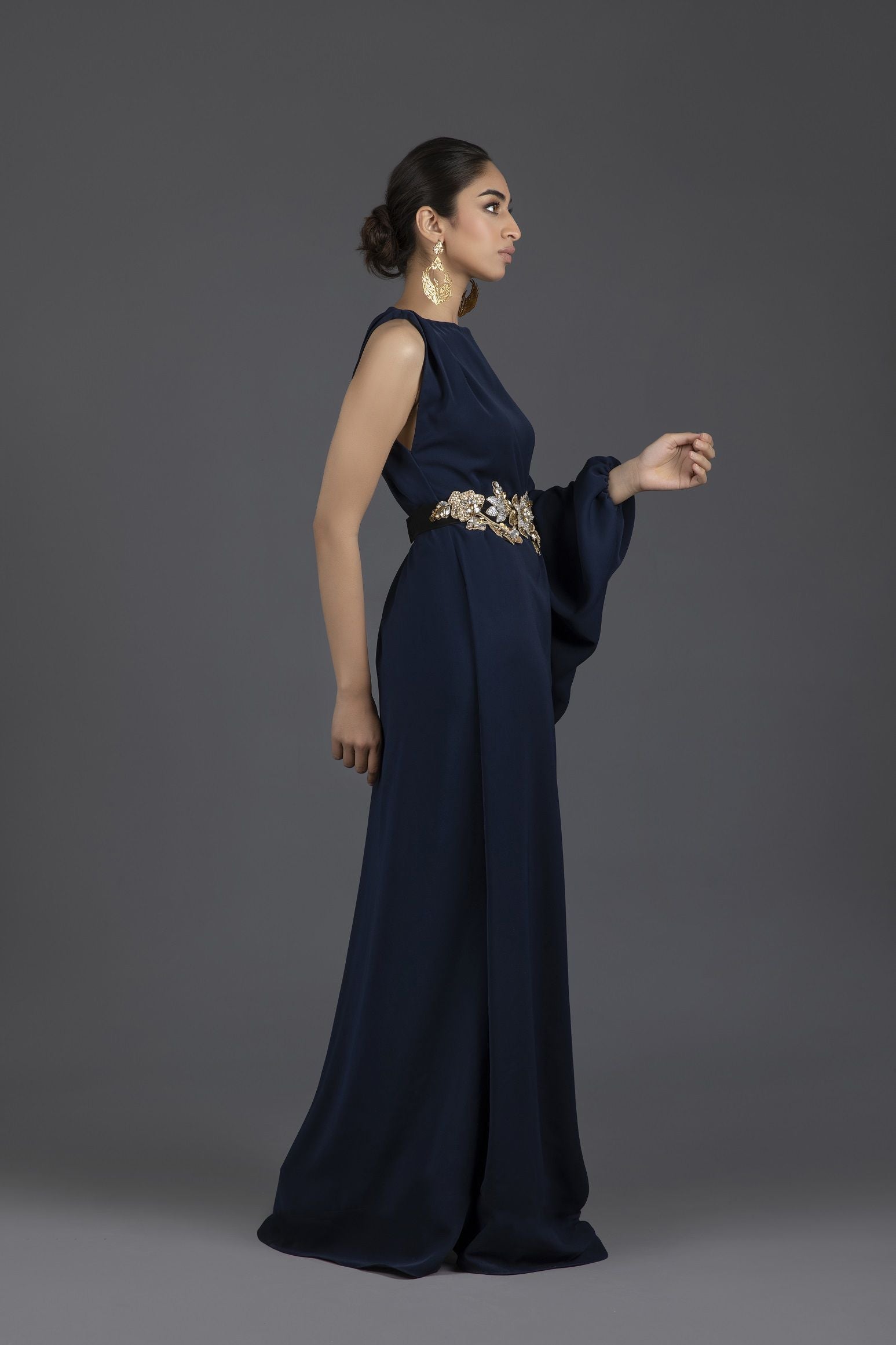 Asymmetrical Draped Kaftan with Three Dimensional Floral Belt
