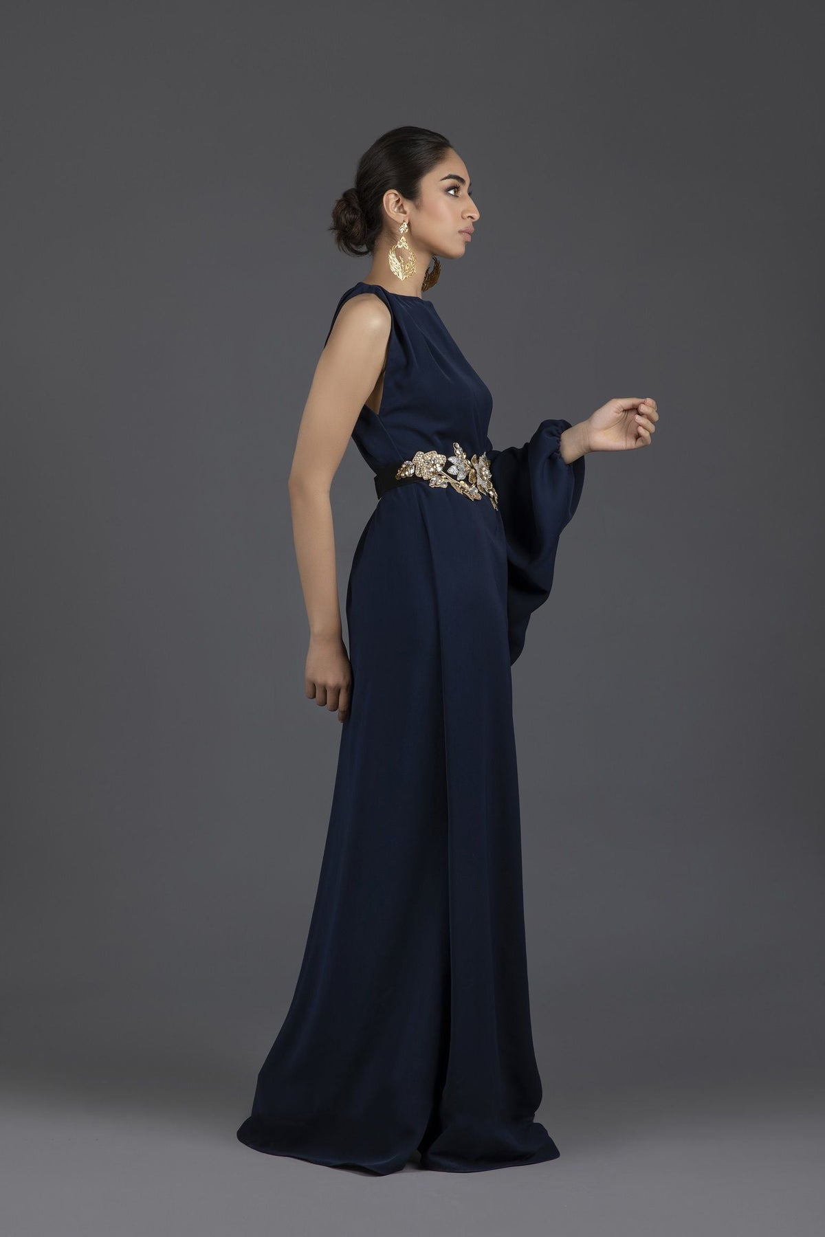 Asymmetrical Draped Kaftan with Three Dimensional Floral Belt