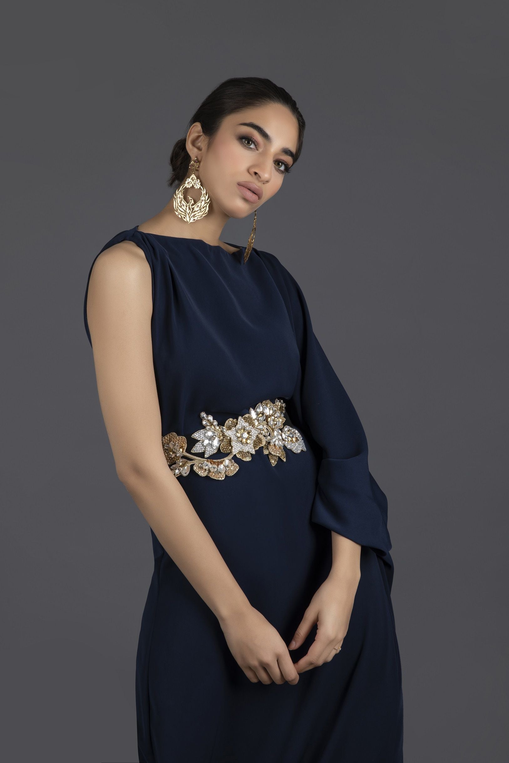 Asymmetrical Draped Kaftan with Three Dimensional Floral Belt