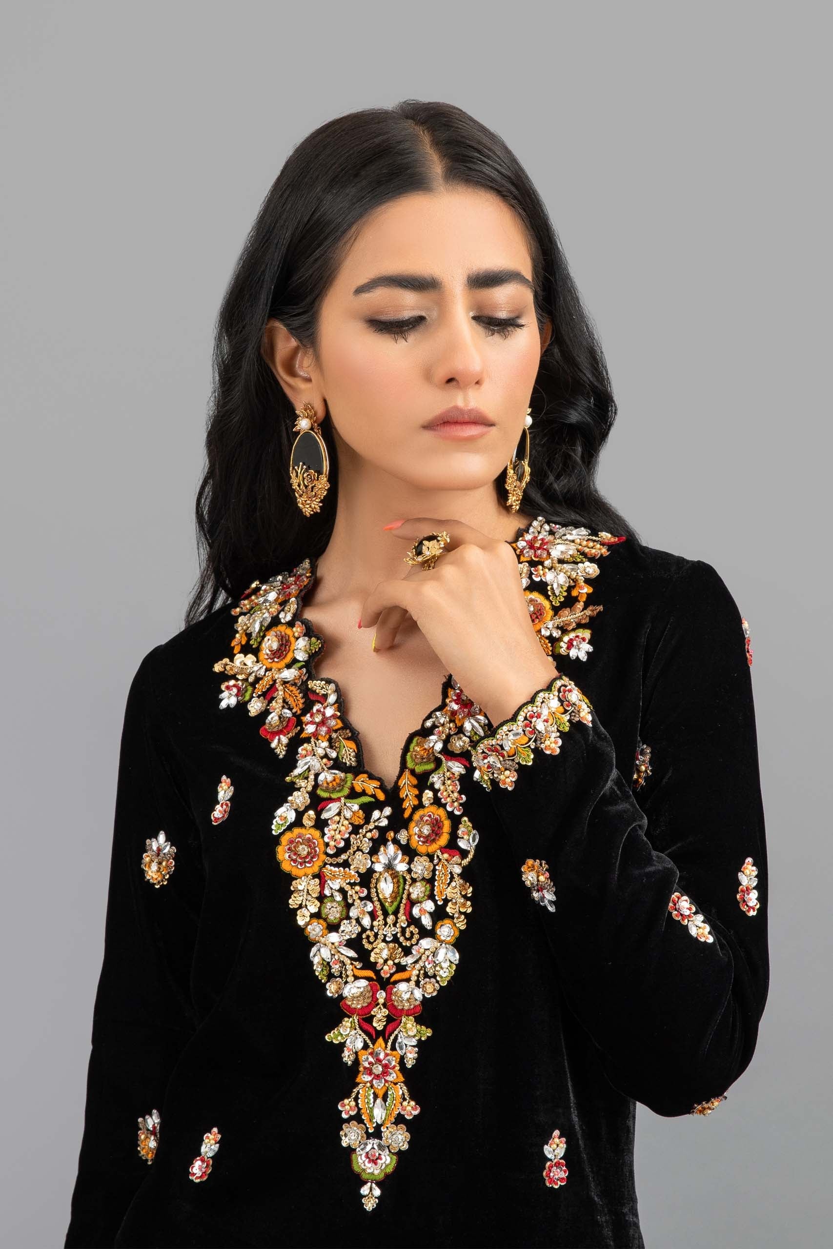 Black Georgette Kaftan with Embellished Neckline