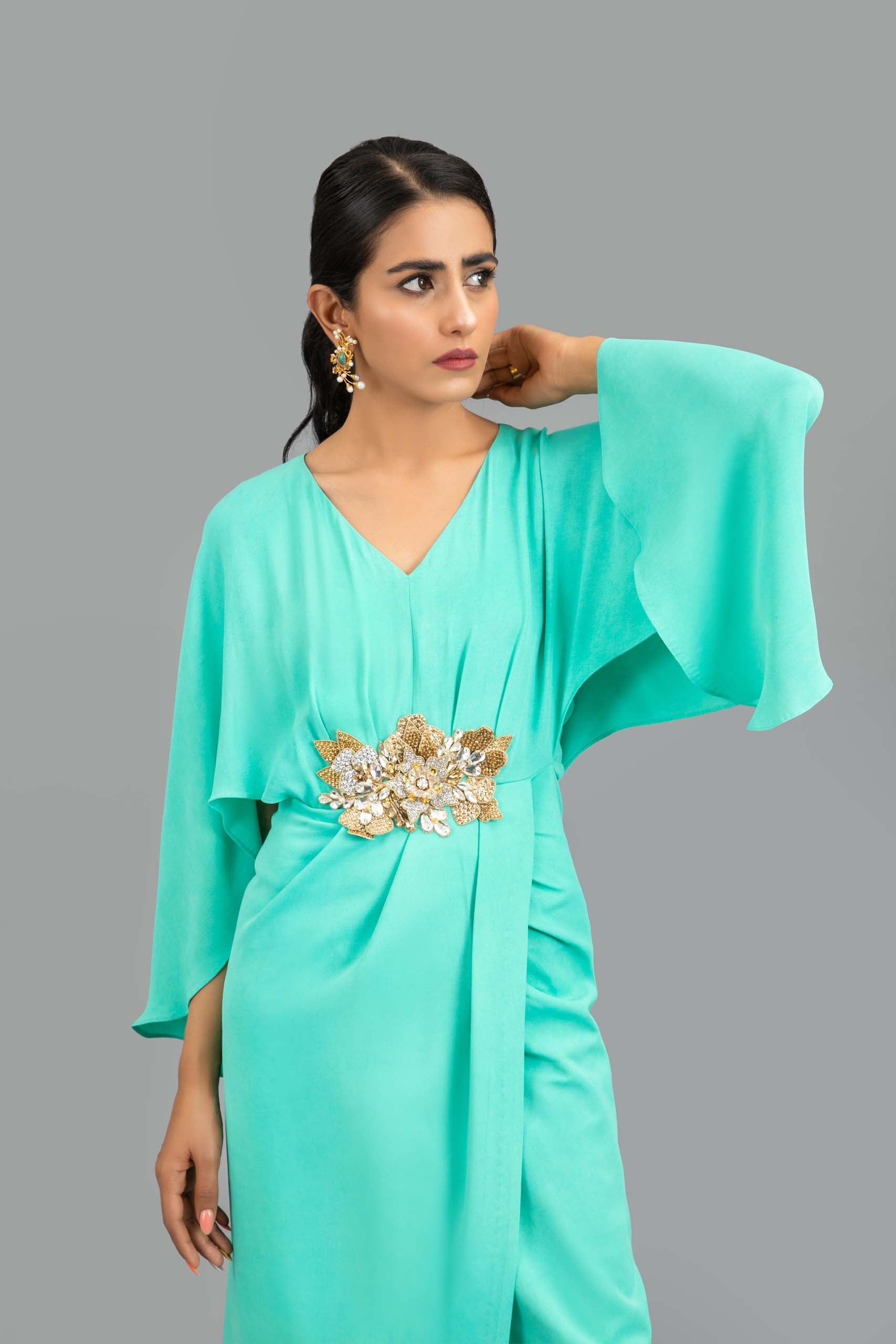 Turquoise Georgette Kaftan with 3d Embellished Motif