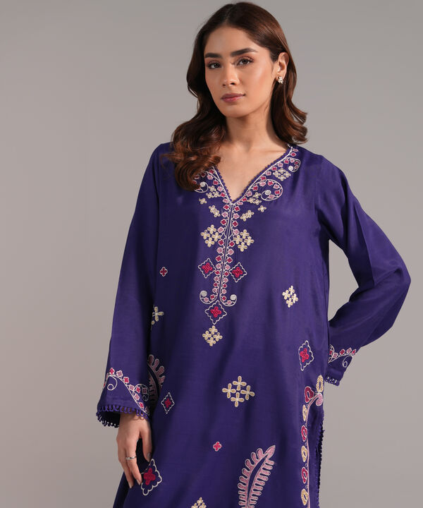 2 Piece - Embroidered Raw Silk Suit