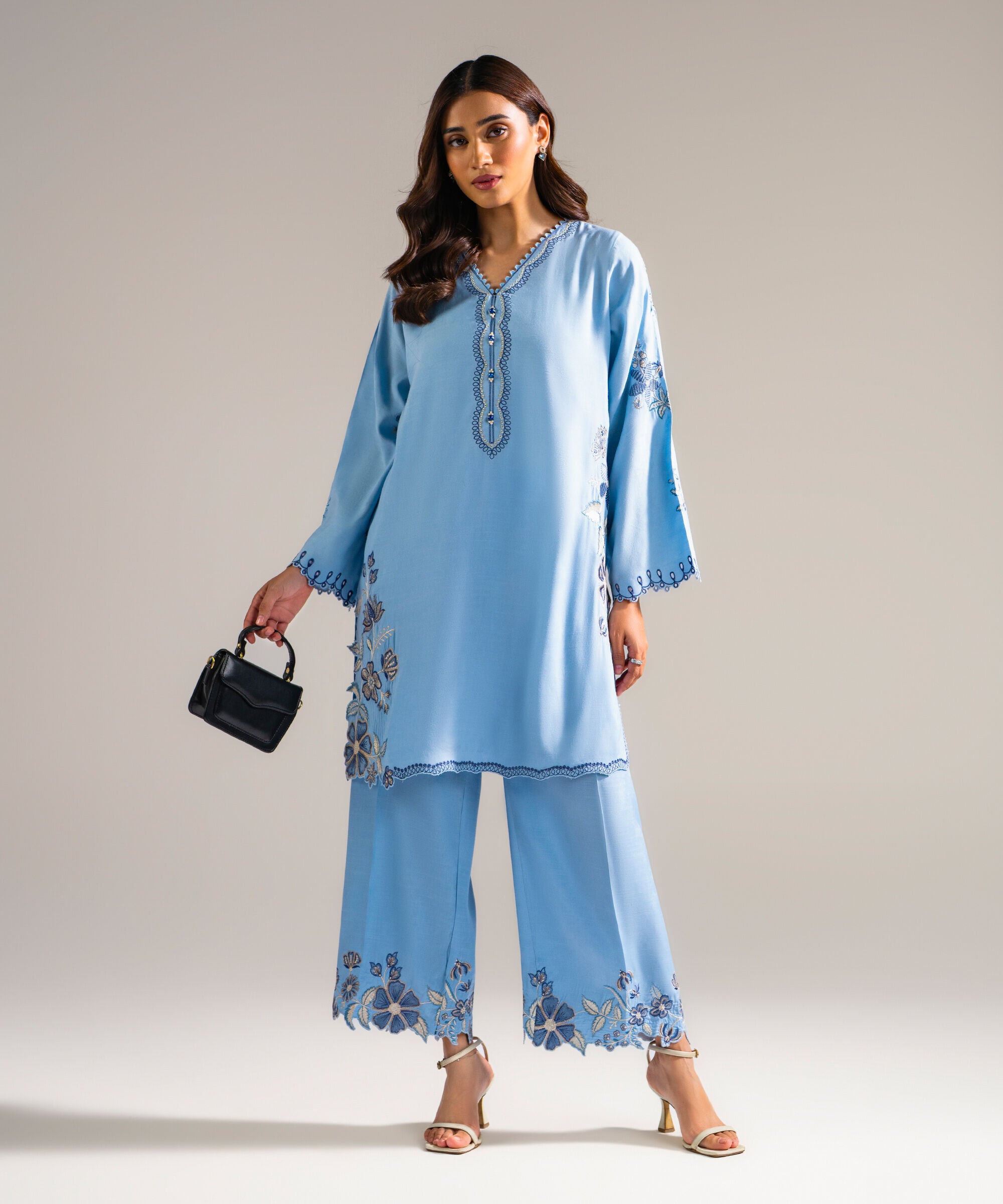 Women's RTW Raw Silk Embroidered Blue 2 Piece Suit