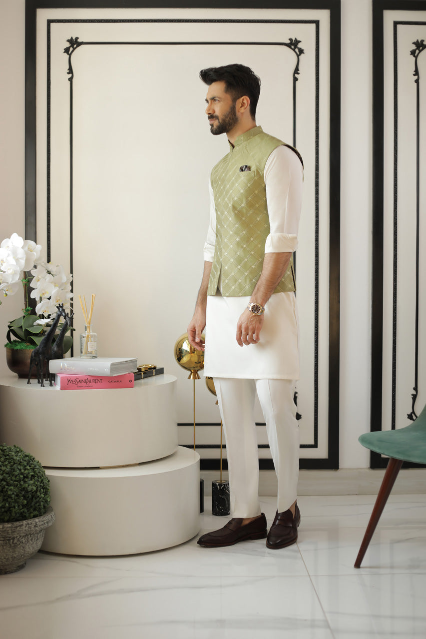 Embroidered Raw Silk Kurta And Pant with Waist Coat